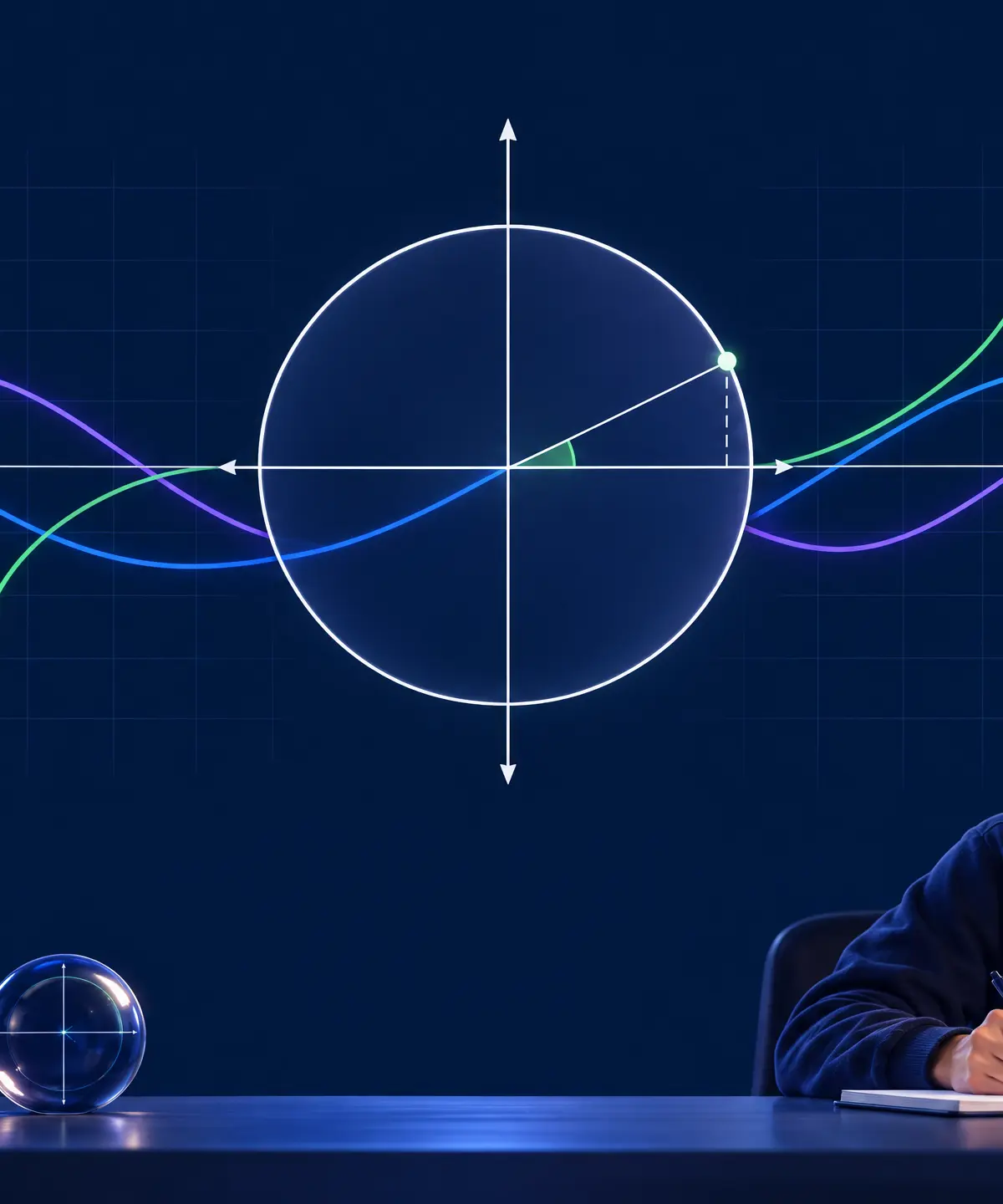 Small-angle approximations: curves and a unit-circle visual near the origin.