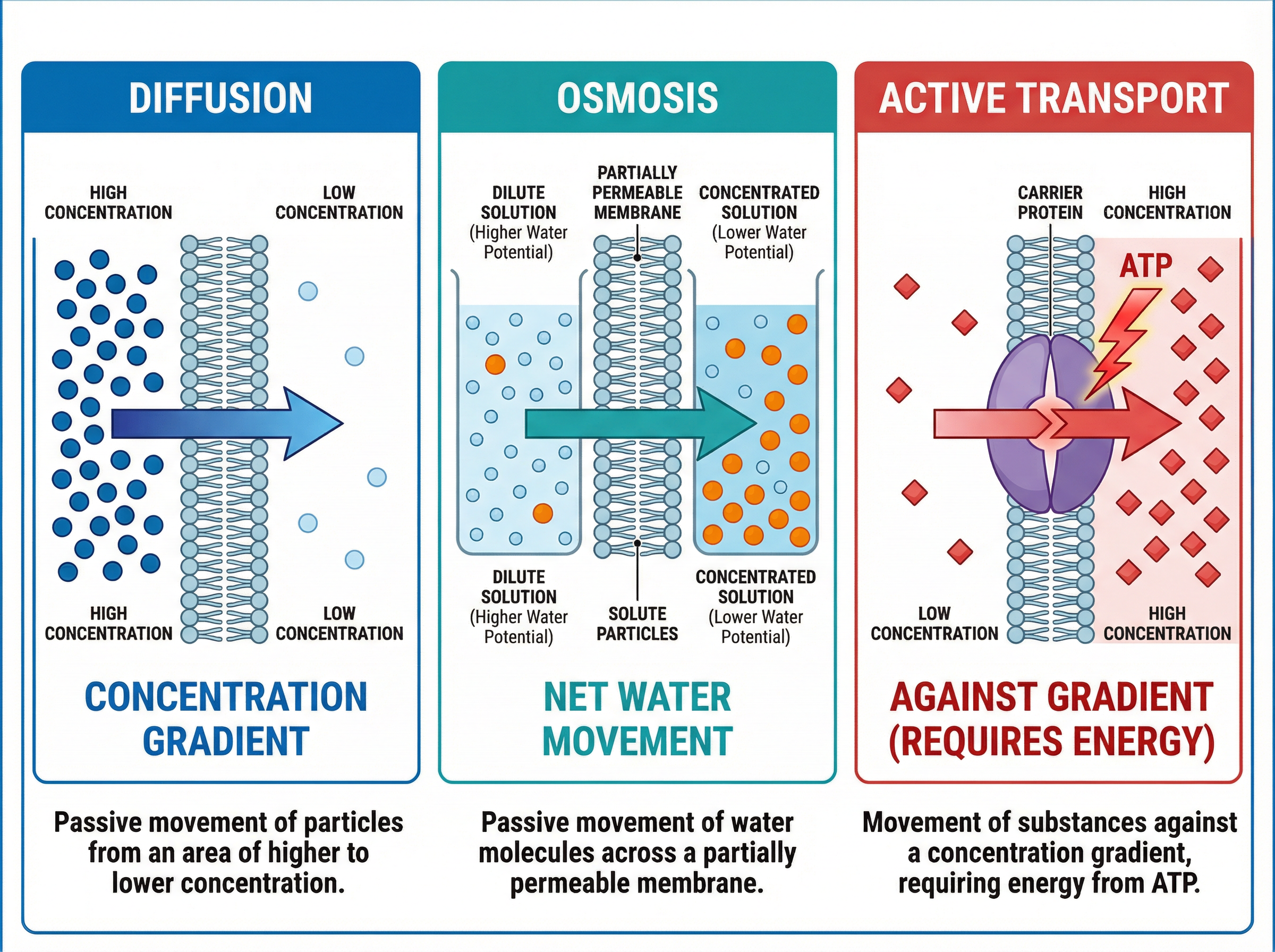 The three key cellular transport mechanisms