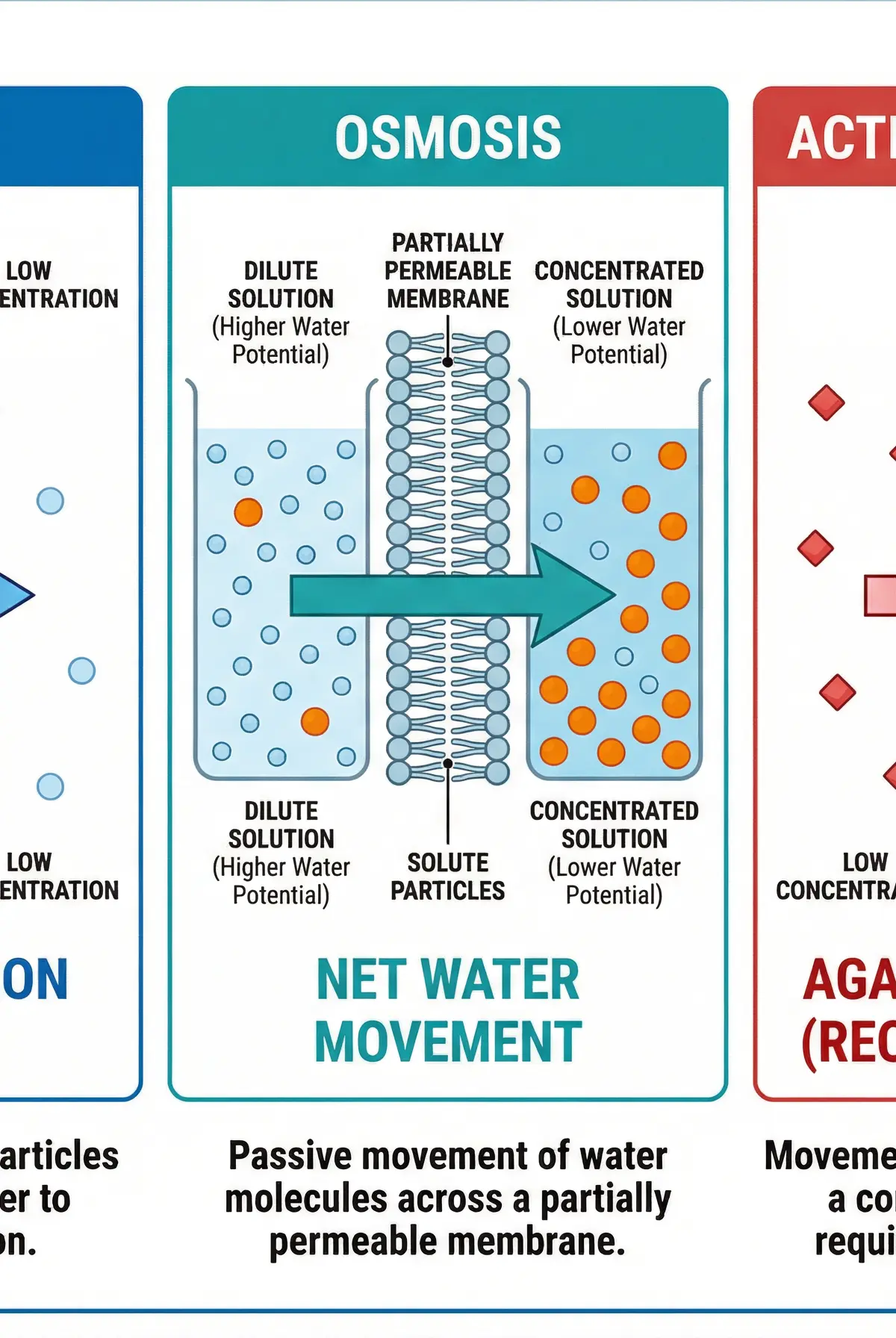 The three key cellular transport mechanisms
