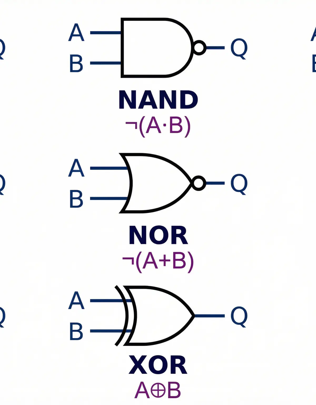 The 7 essential logic gates for A-Level Computer Science.