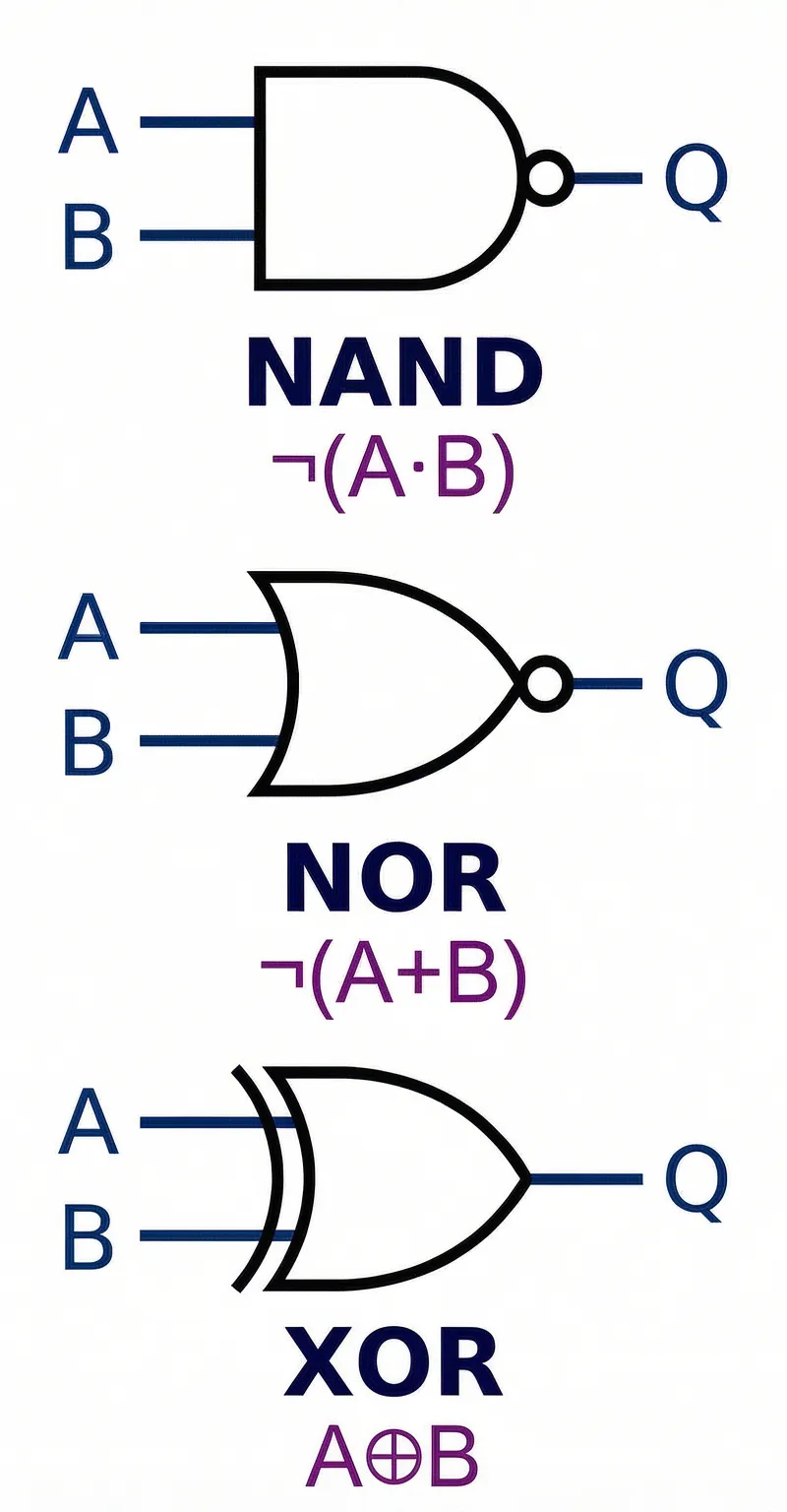 The 7 essential logic gates for A-Level Computer Science.