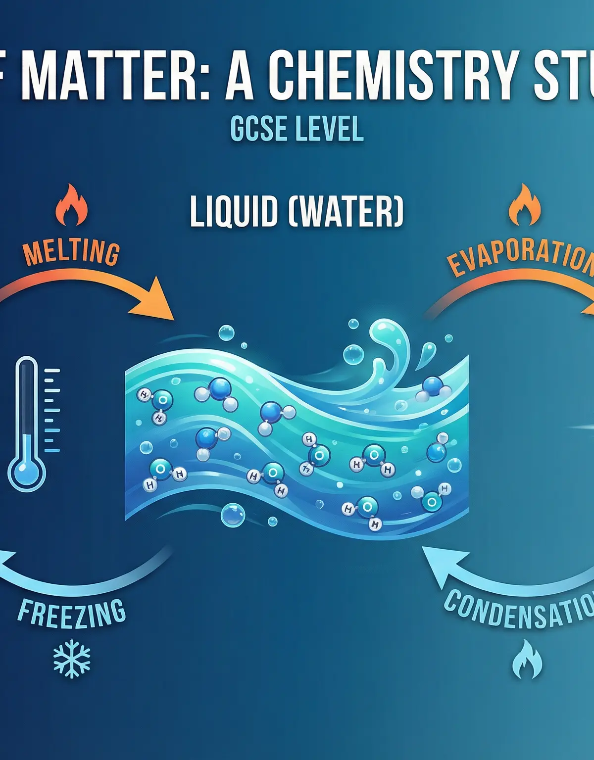 An illustration showing the transitions between solid (ice), liquid (water), and gas (steam).