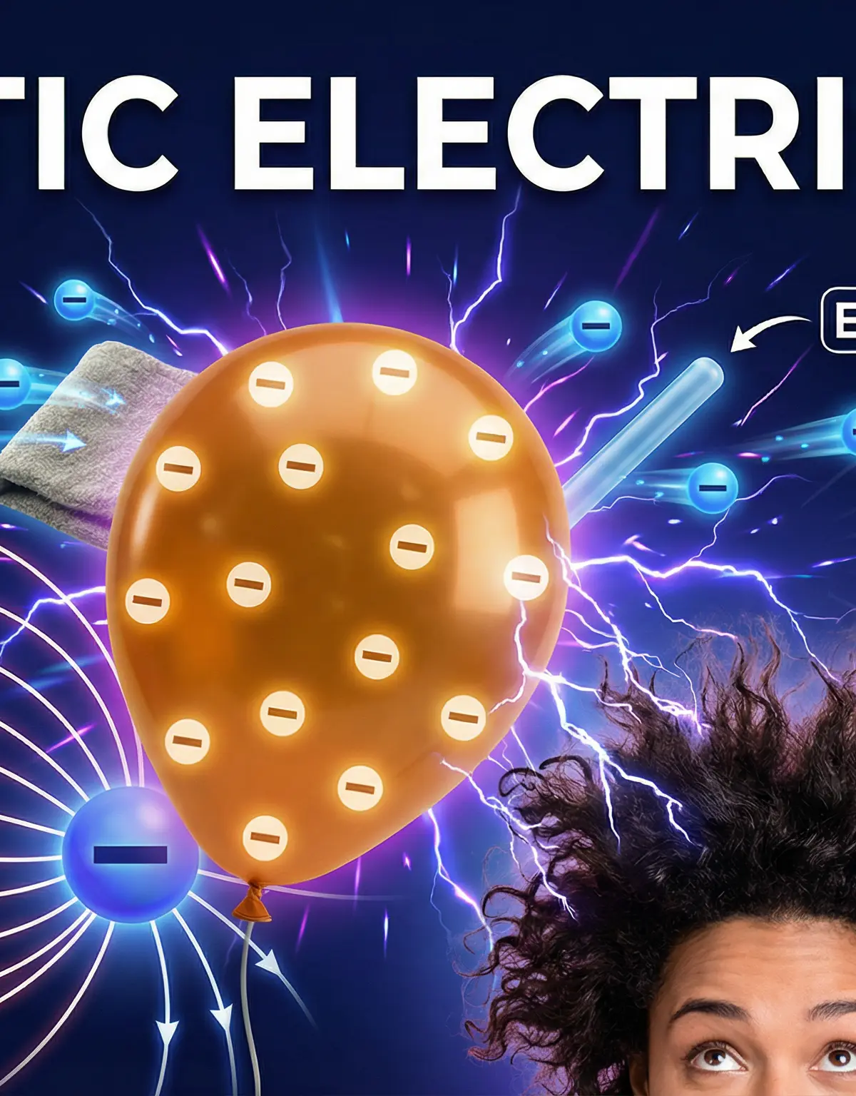 An illustration showing the key concepts of static electricity: electron transfer, electric fields, and charge/discharge.