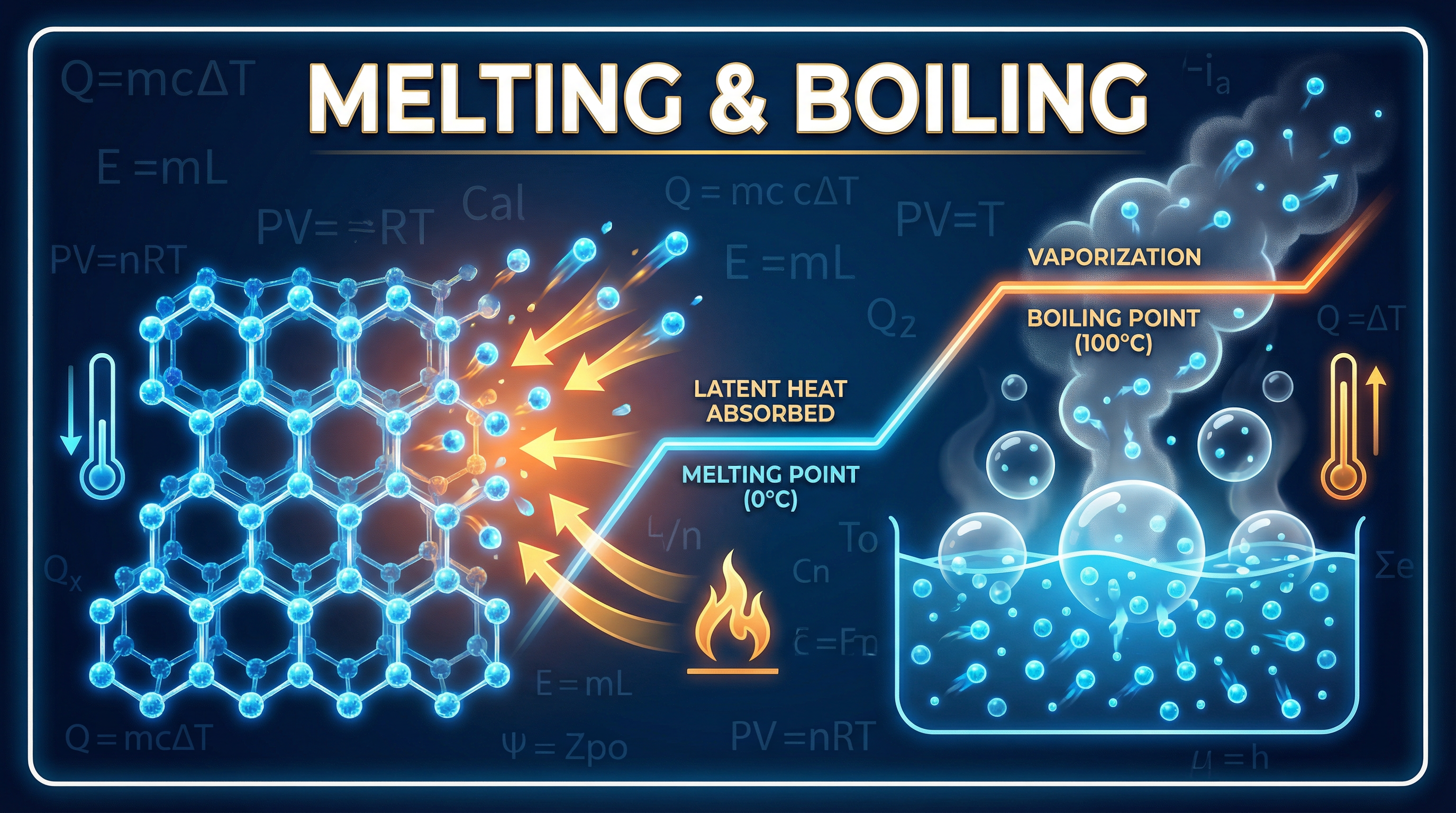 An illustration showing the transition from solid (ice lattice) to liquid (boiling water), with a heating curve overlay representing the energy changes during melting and boiling.