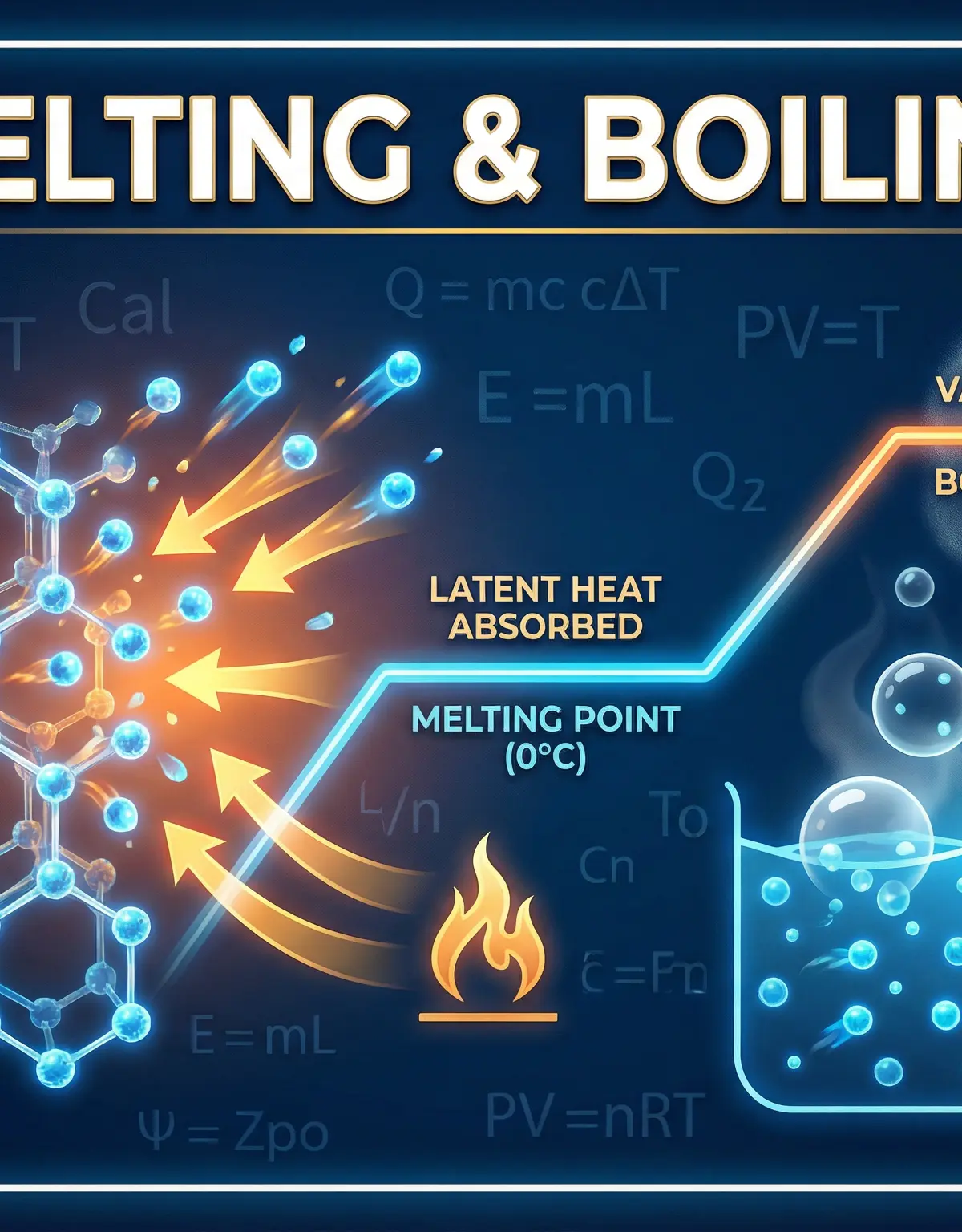 An illustration showing the transition from solid (ice lattice) to liquid (boiling water), with a heating curve overlay representing the energy changes during melting and boiling.