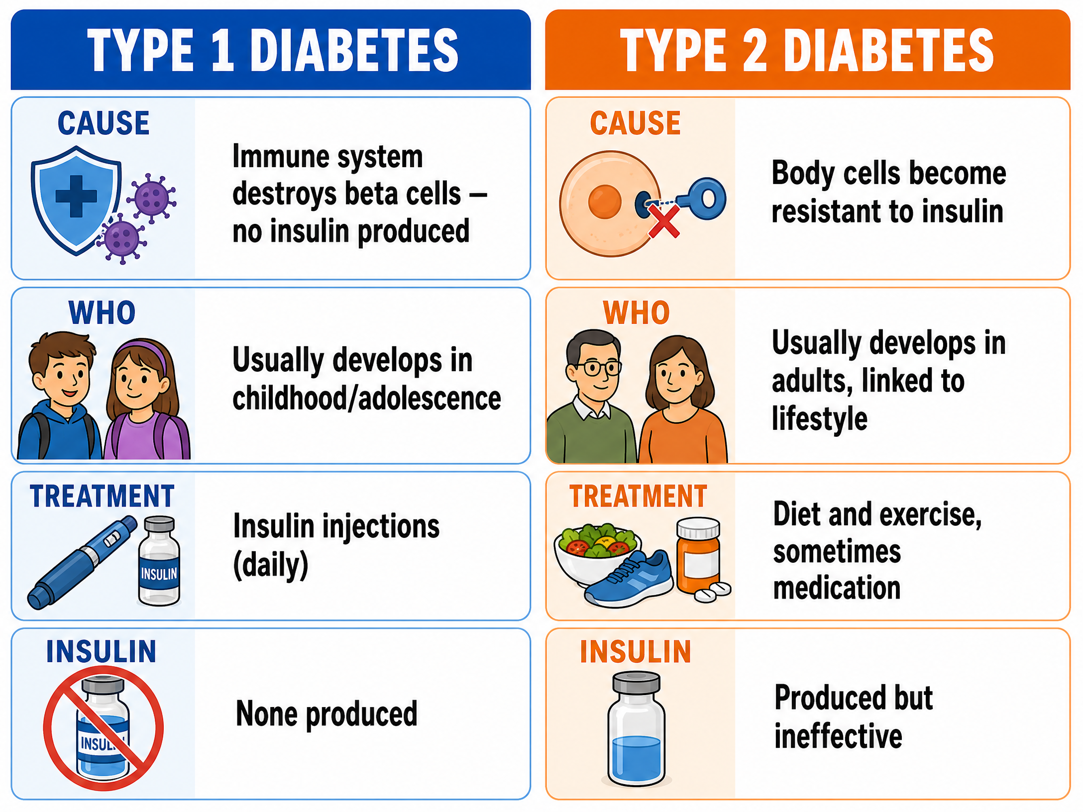 Comparison of Type 1 and Type 2 Diabetes