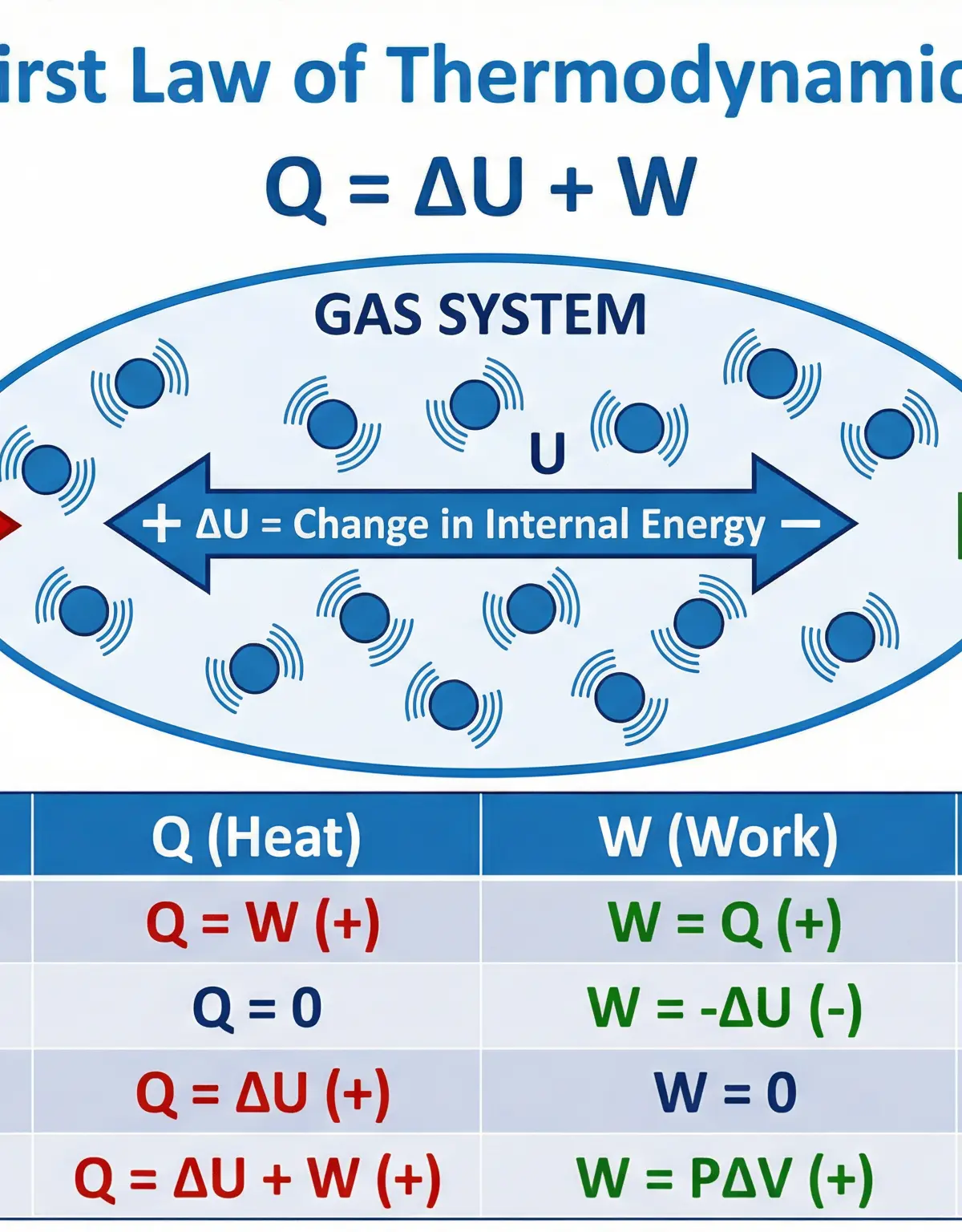 First Law of Thermodynamics: Q = ΔU + W with sign conventions and special processes