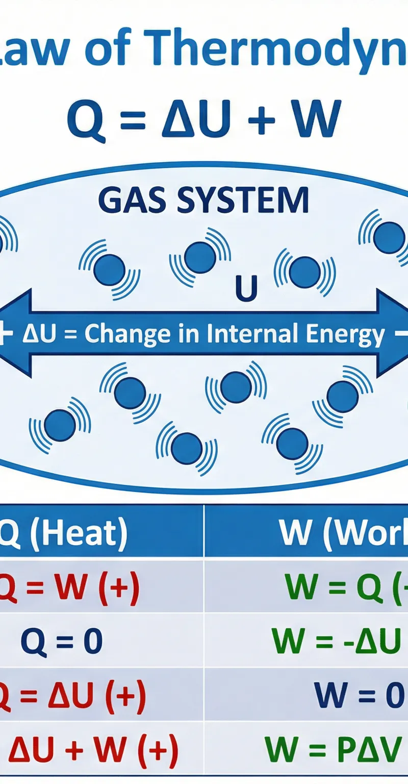 First Law of Thermodynamics: Q = ΔU + W with sign conventions and special processes