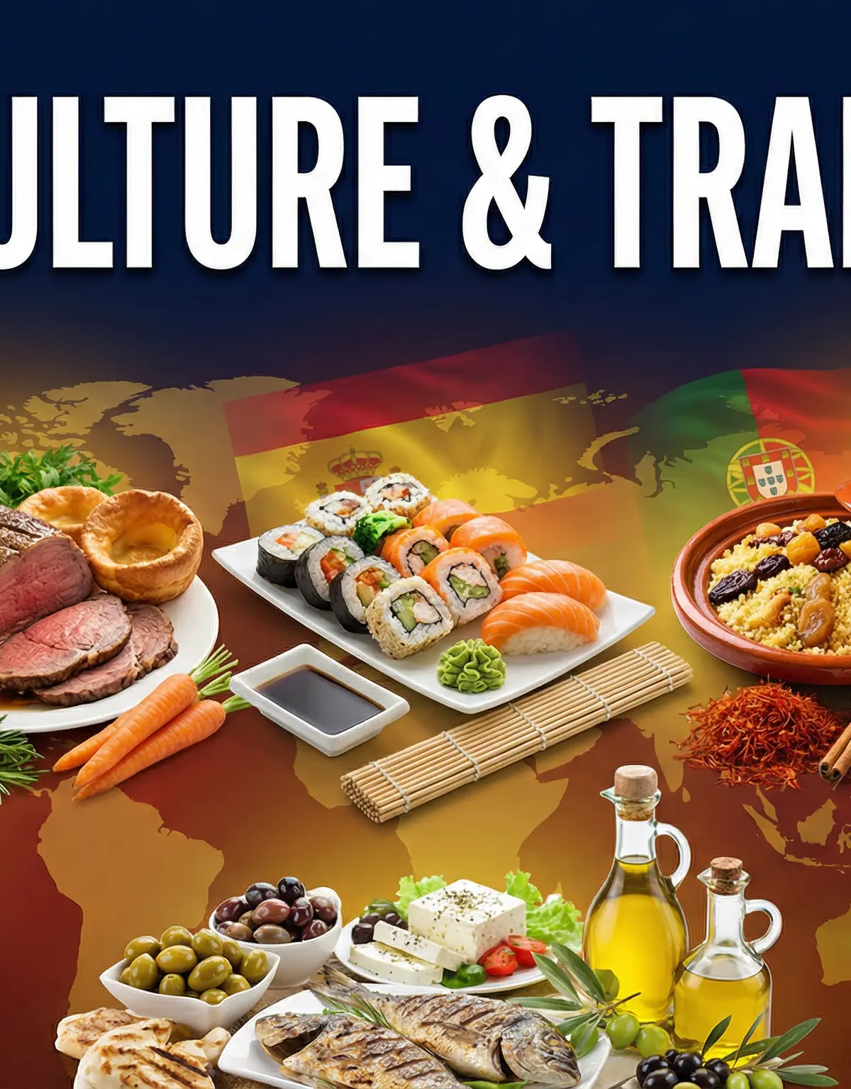 A collage of international foods and ingredients.
