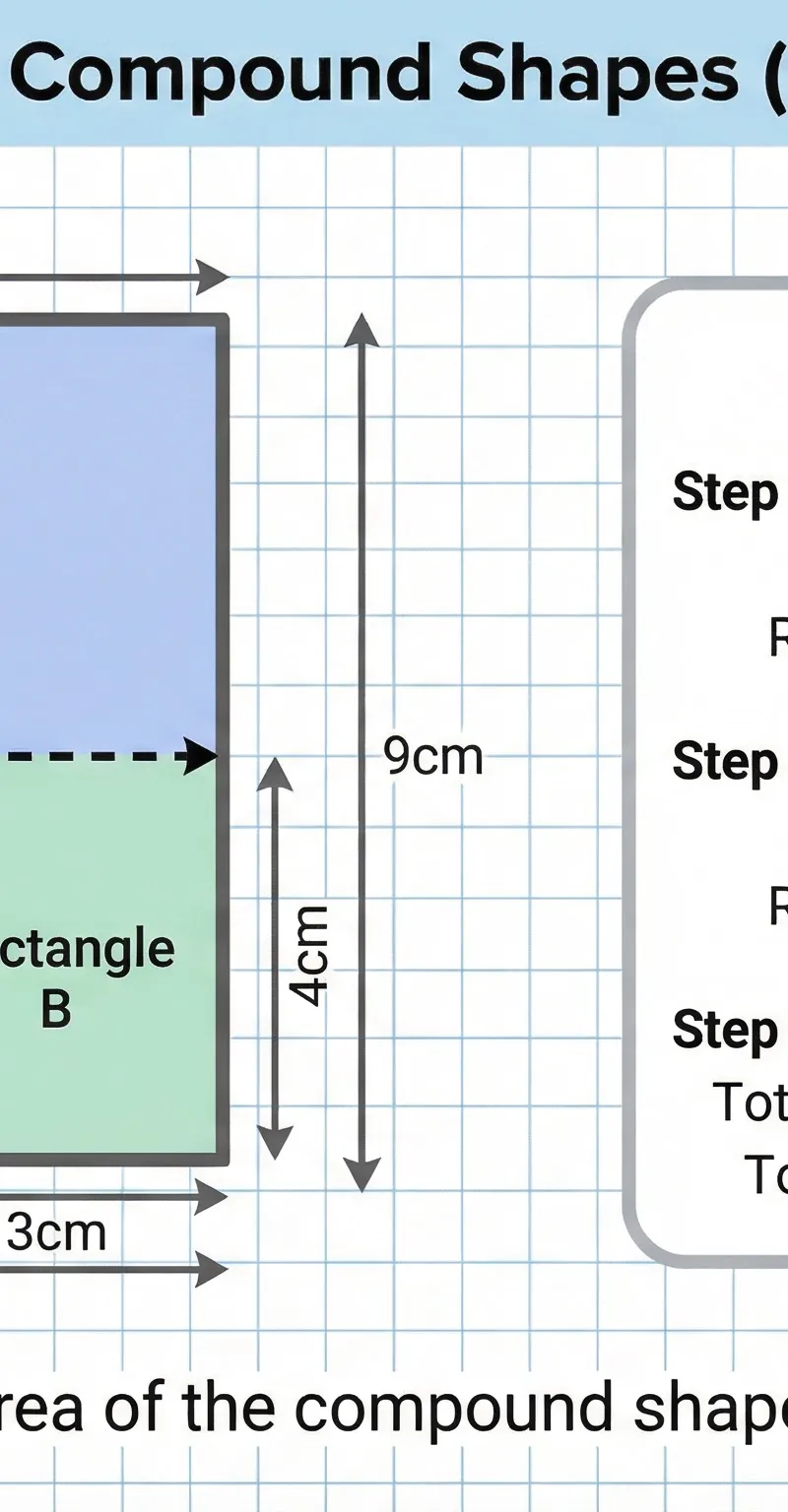 Visual guide to calculating the area of compound shapes.