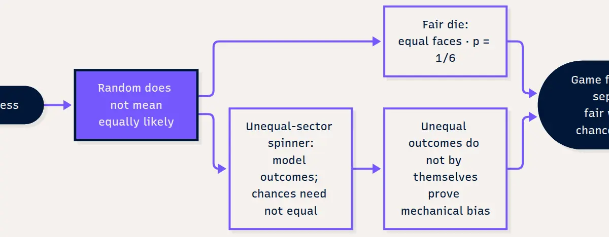 Random is not the same as equally likely; game fairness depends on winning probabilities.