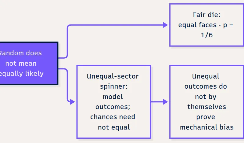 Random is not the same as equally likely; game fairness depends on winning probabilities.