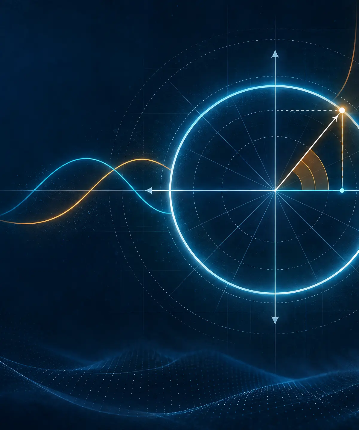 Trigonometric functions: circle, waves and asymptotes.