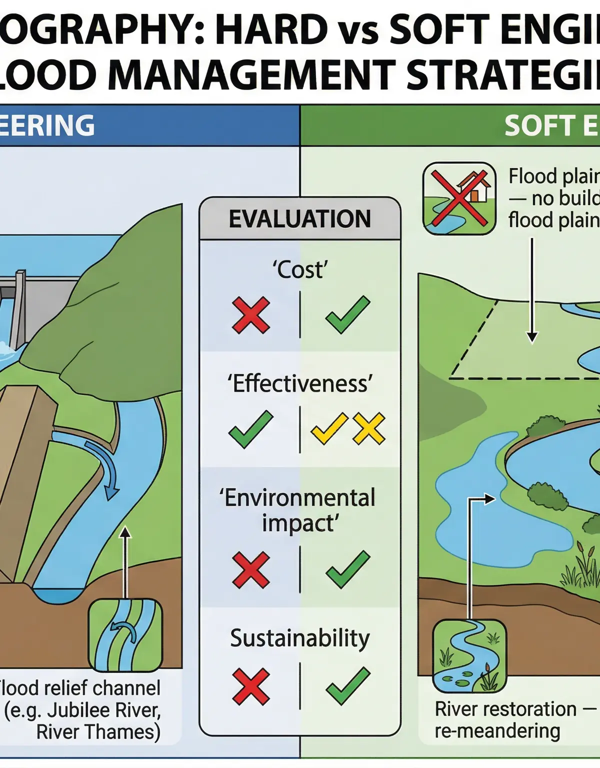 A summary of hard and soft engineering techniques for managing river floods.