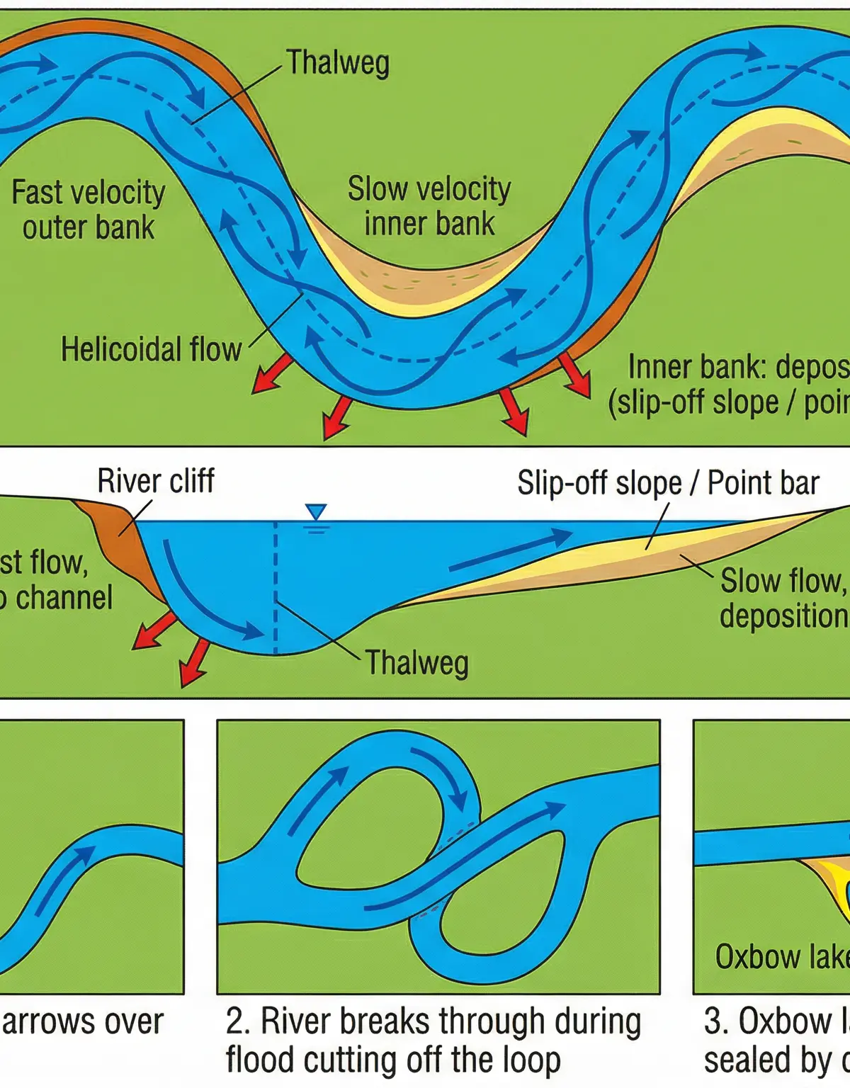 The formation of meanders and oxbow lakes.