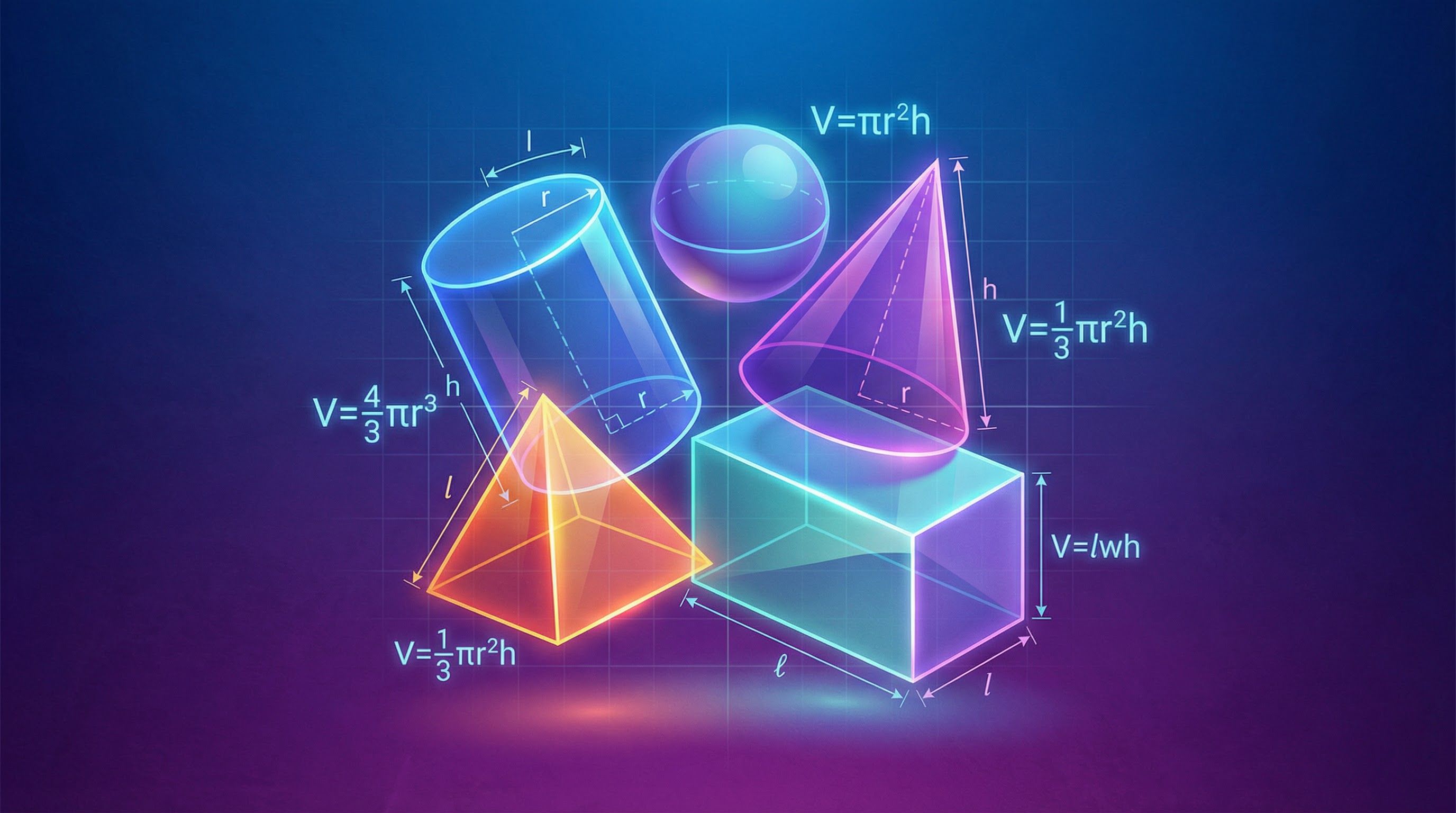 An artistic representation of the key 3D shapes involved in GCSE Volume calculations.