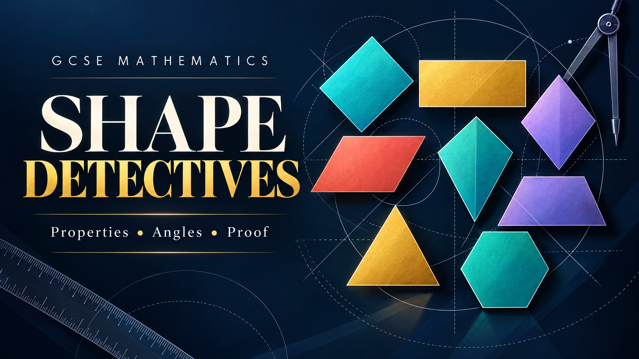 Shape Detectives: properties, angles and proof. Decorative cover art, not a measured diagram.