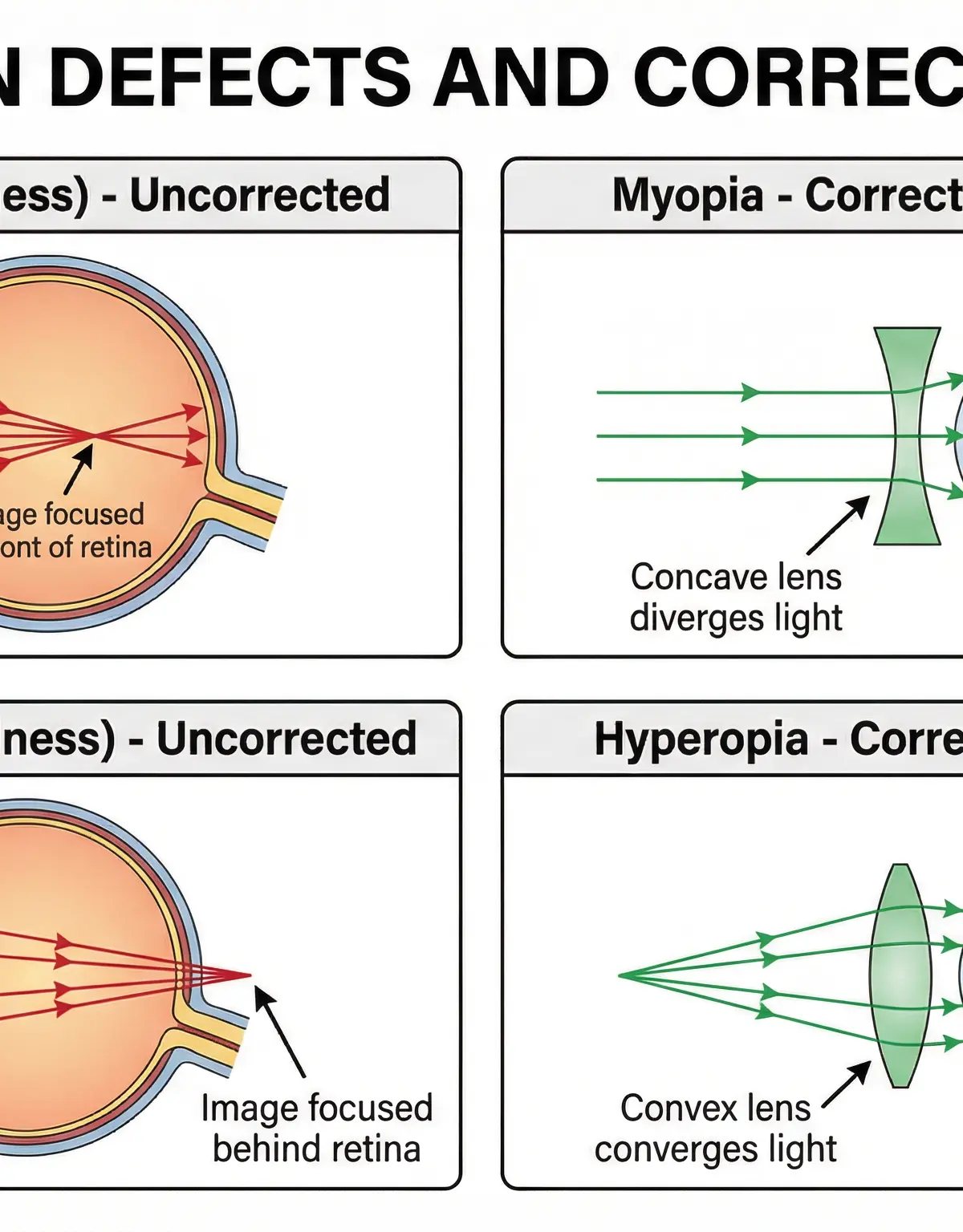 Diagram illustrating the correction of myopia and hyperopia.