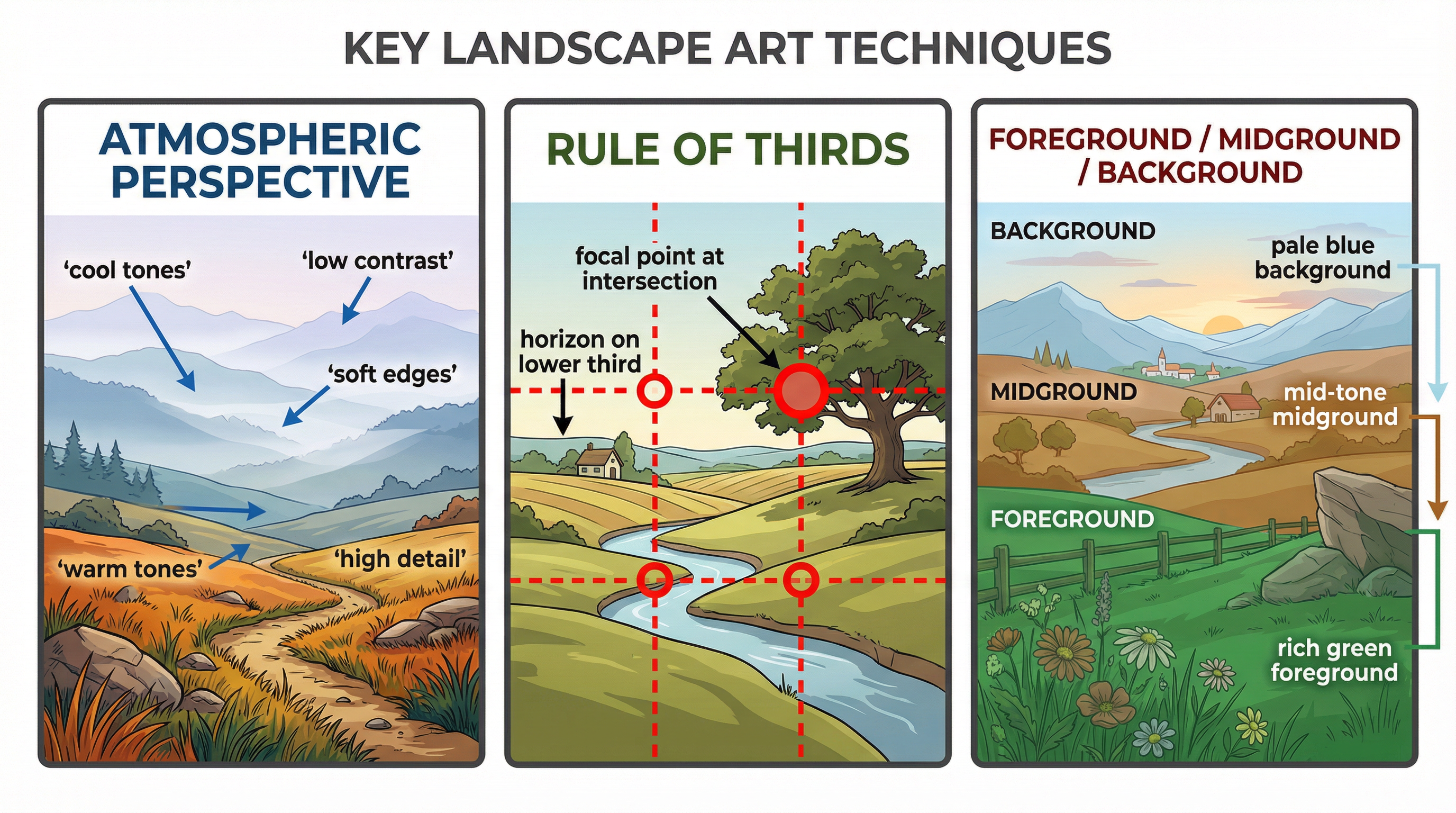 Key Landscape Art Techniques: Atmospheric Perspective, Rule of Thirds, and Spatial Planes
