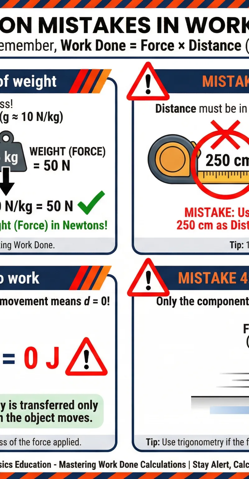 The four most common mistakes in Work Done calculations — and how to avoid every one of them