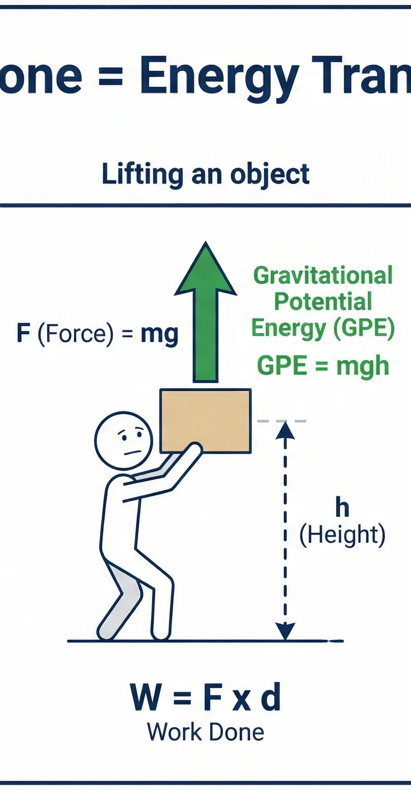 Work Done = Energy Transferred: three key scenarios showing different energy store destinations