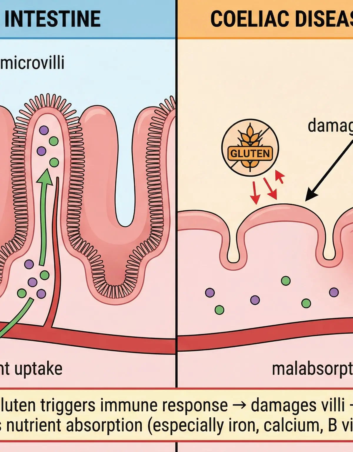 Healthy Small Intestine vs. Coeliac Disease - Gluten Damage to Villi