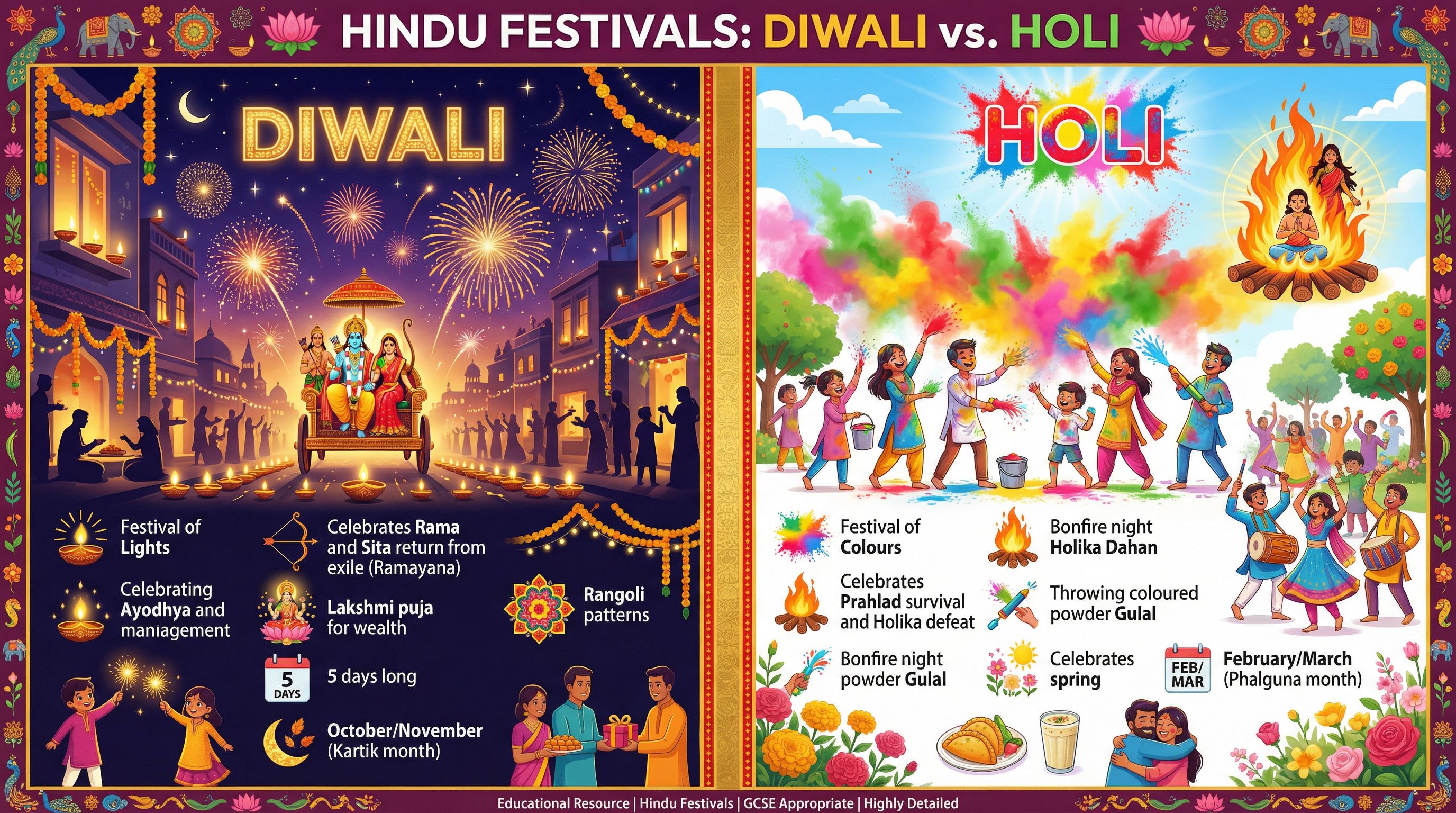 A comparison of the Hindu festivals of Diwali and Holi.