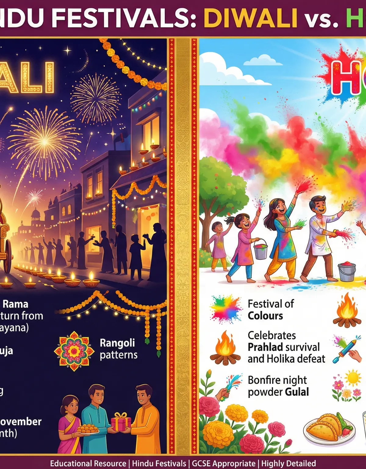 A comparison of the Hindu festivals of Diwali and Holi.