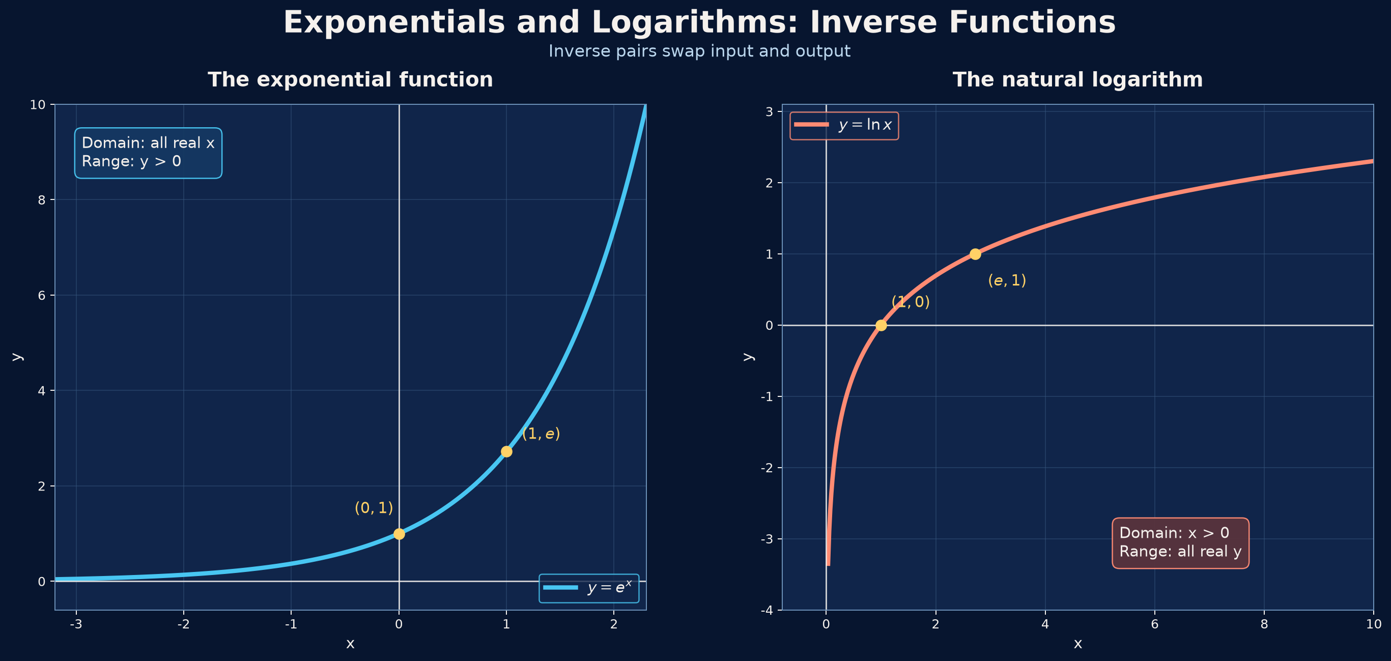 The exponential and natural logarithm functions are inverse pairs.