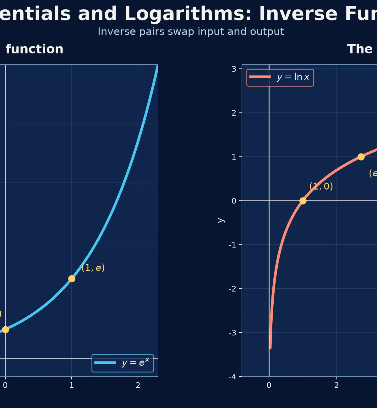 The exponential and natural logarithm functions are inverse pairs.