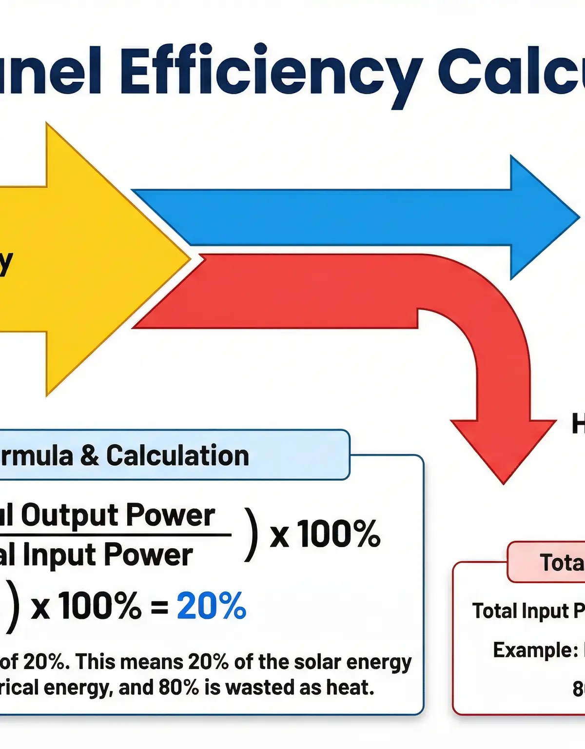 Sankey diagram and formula for calculating solar panel efficiency.