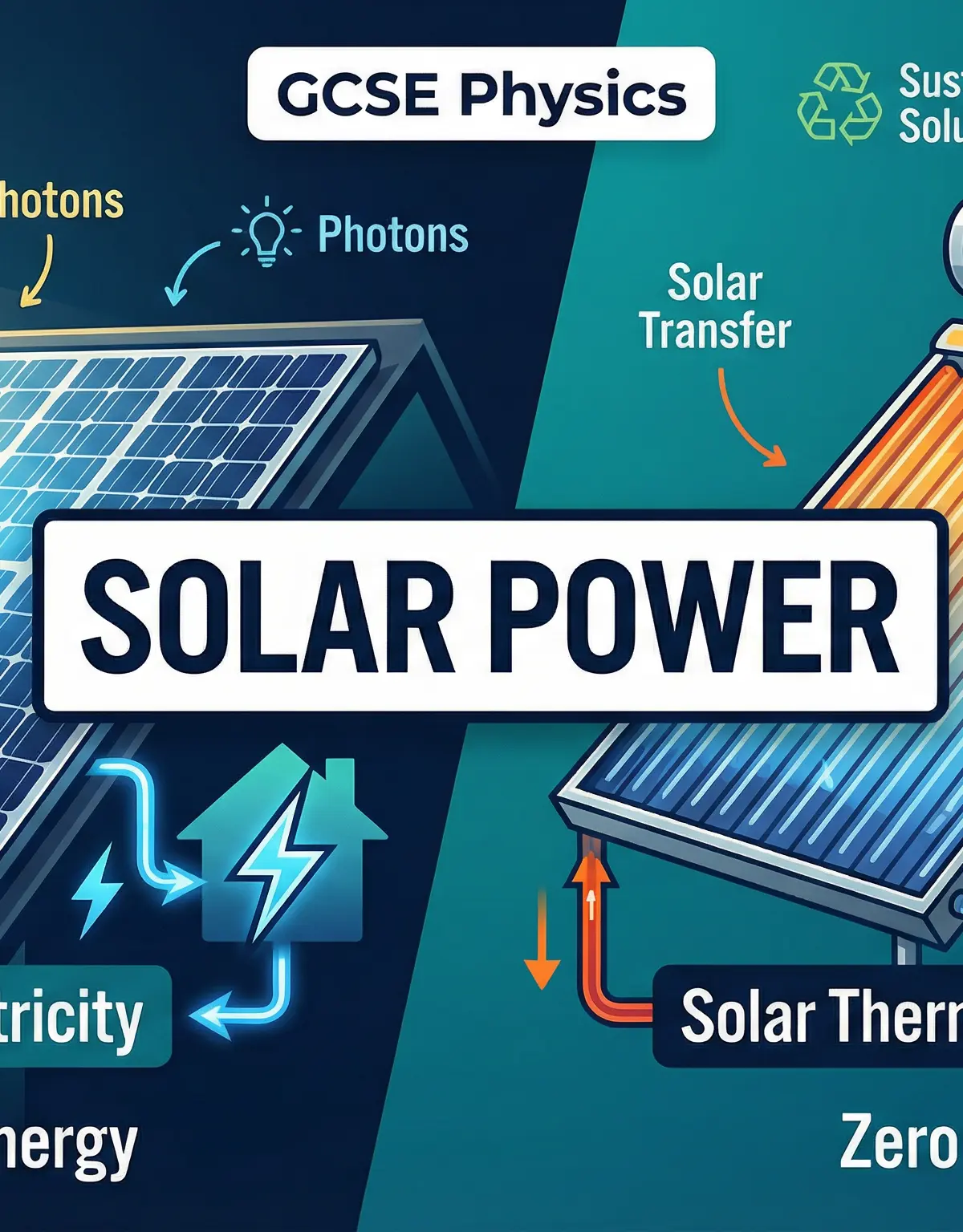 Header image distinguishing between Solar PV (electricity) and Solar Thermal (hot water).