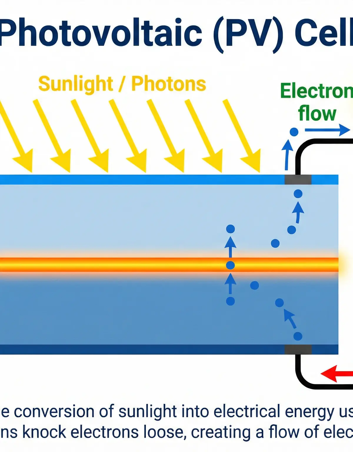 Cross-section of a PV cell illustrating the photovoltaic effect.