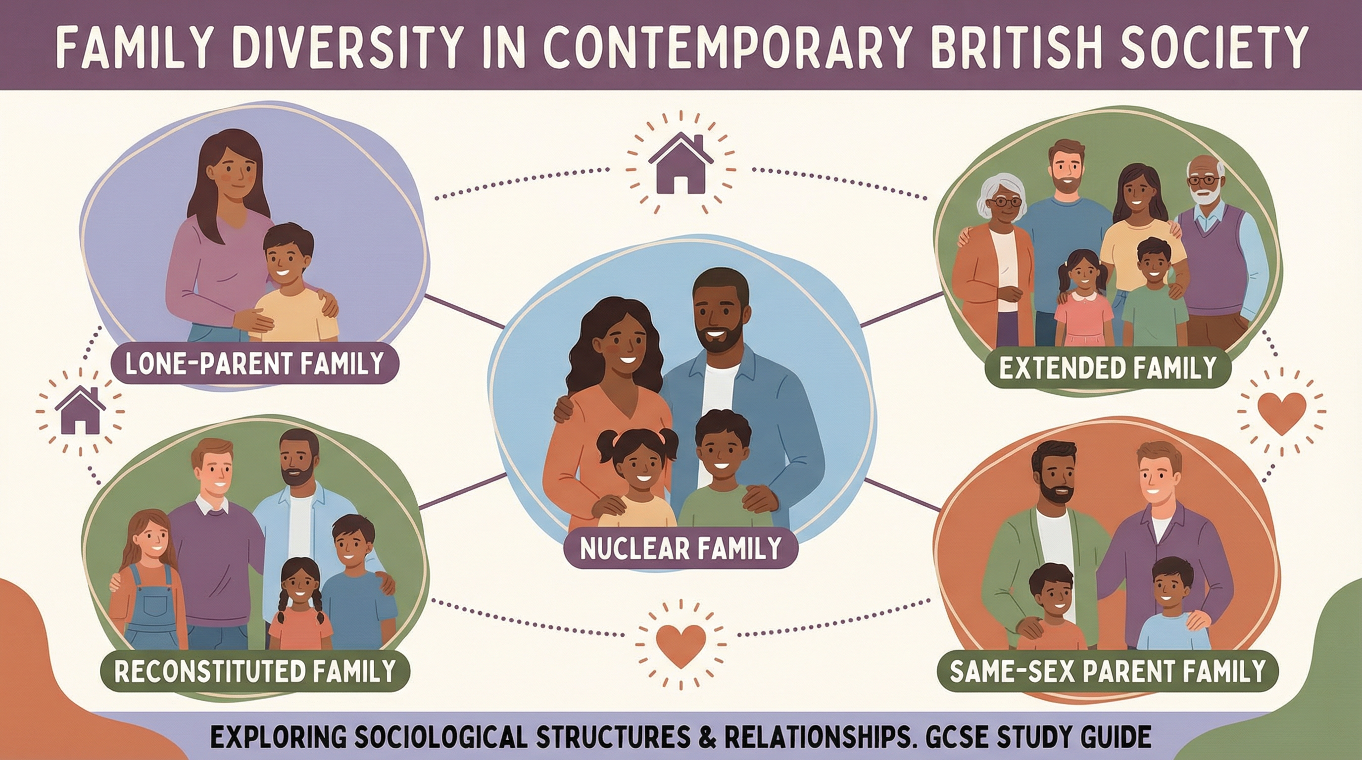 Family diversity (e.g., lone-parent, nuclear, extended, reconstituted, same-sex parent families) — AQA GCSE study guide illustration