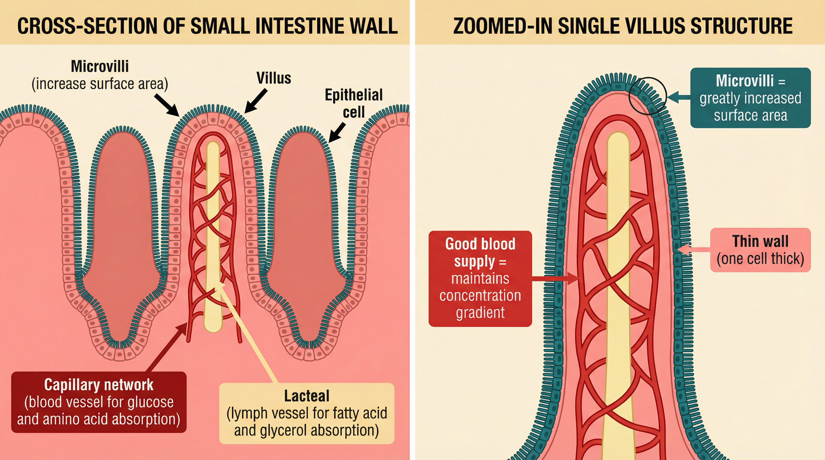 Villi structure and adaptations for efficient nutrient absorption