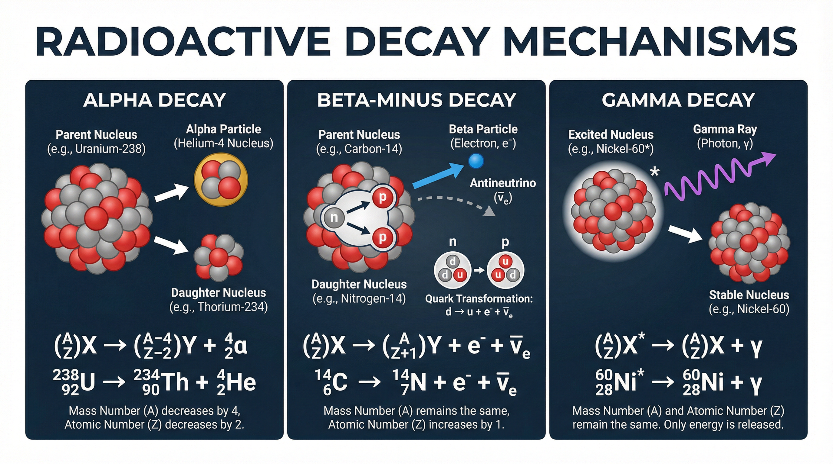 The three main types of radioactive decay.