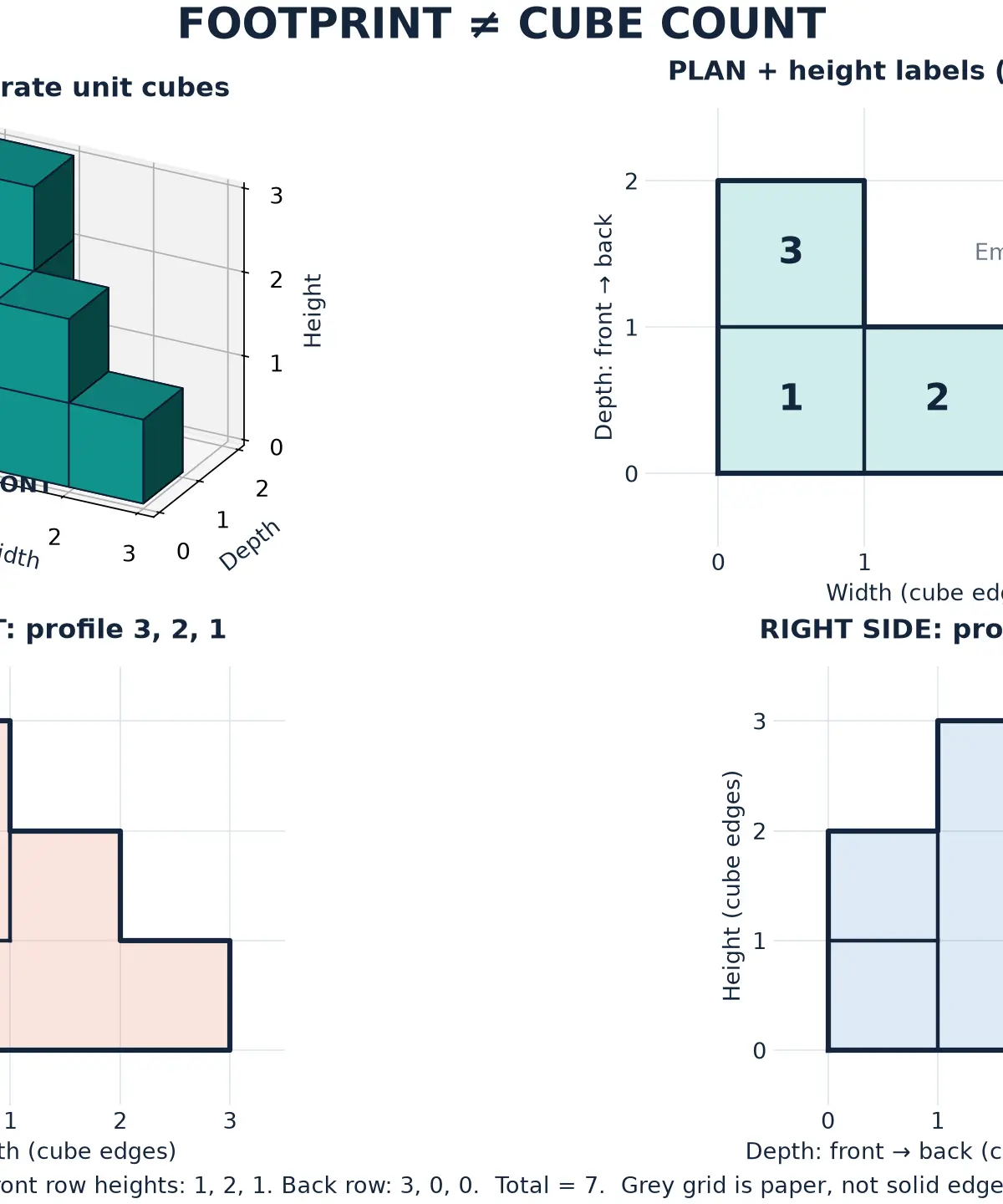 Front row 1,2,1; back row 3,0,0. Four footprint cells, front profile 3,2,1, right-side profile 2,3 and seven cubes.