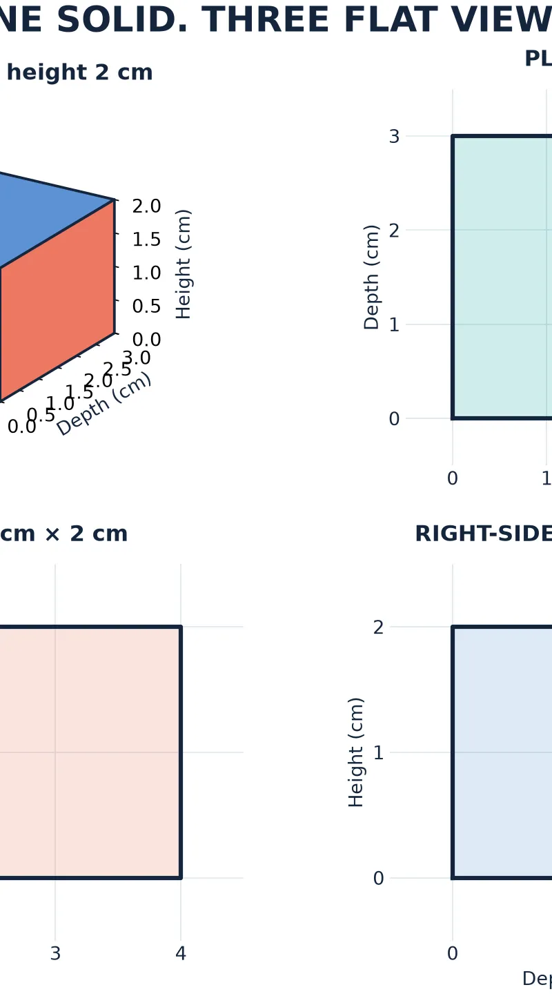 Width 4 cm, depth 3 cm, height 2 cm: the views preserve the appropriate dimension pairs.