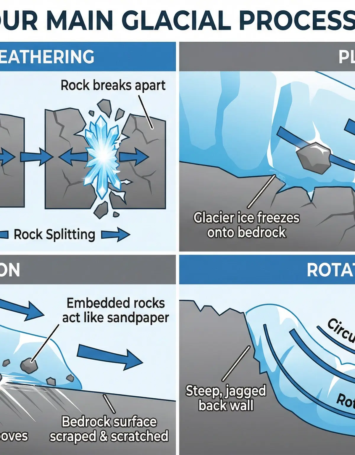 The four key processes that shape glacial landscapes.