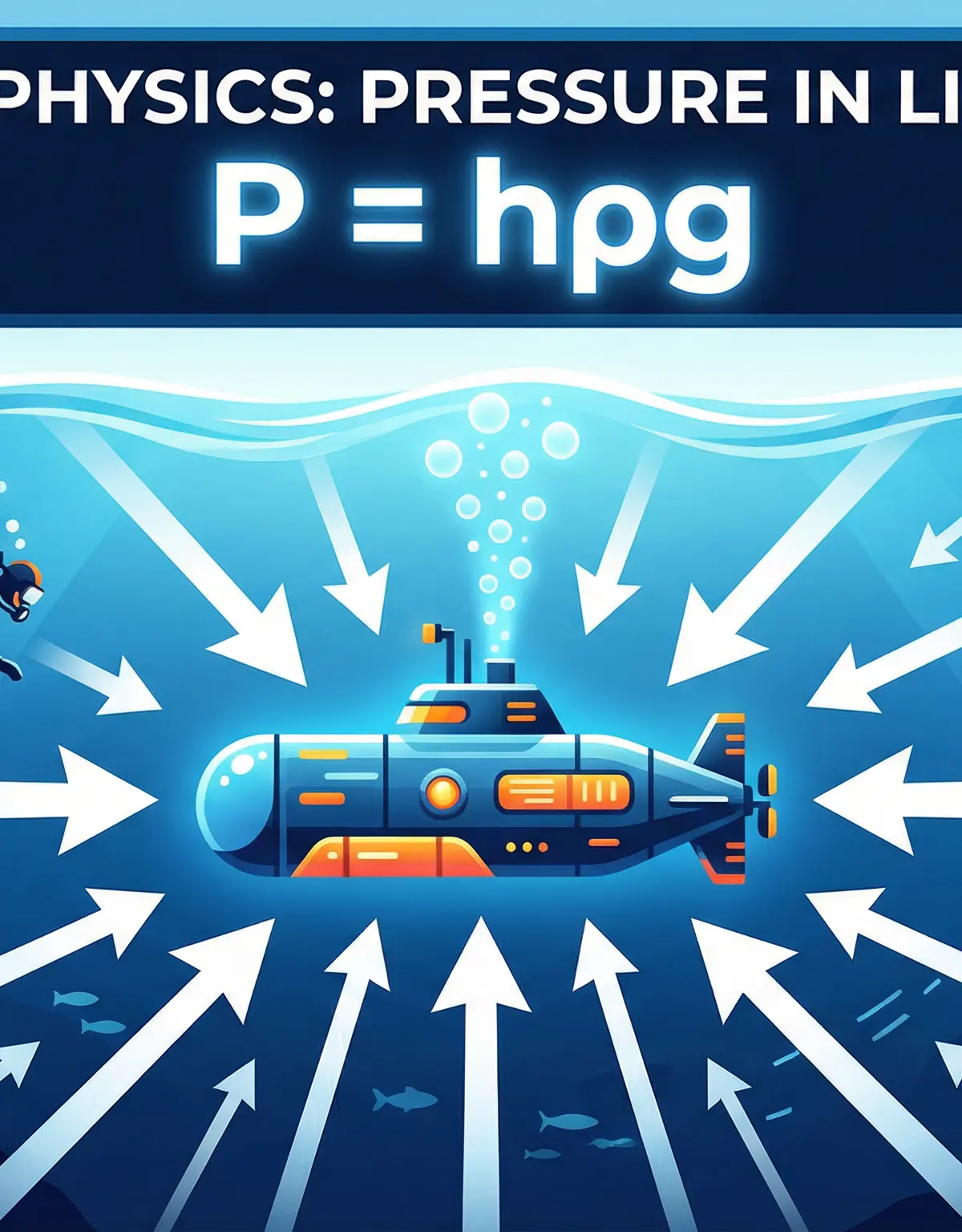 OCR GCSE Physics — Pressure in Liquids (Topic 2.9): Pressure increases with depth and acts in all directions, governed by P = hρg.