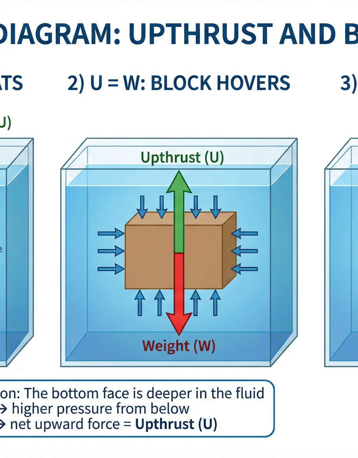 Upthrust arises from the pressure difference between the bottom and top faces of a submerged object. The three scenarios show how the relative magnitudes of weight and upthrust determine whether an object floats, hovers, or sinks.