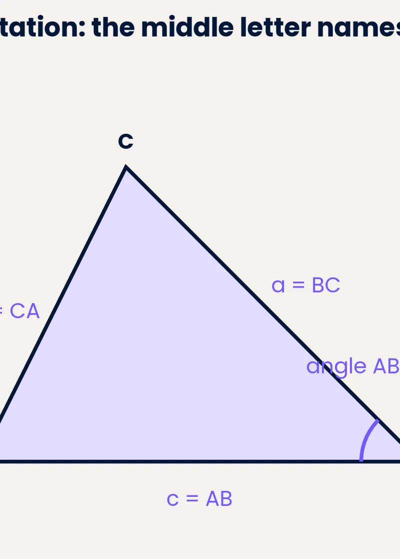a = BC; b = CA; c = AB. The middle angle letter is the vertex.