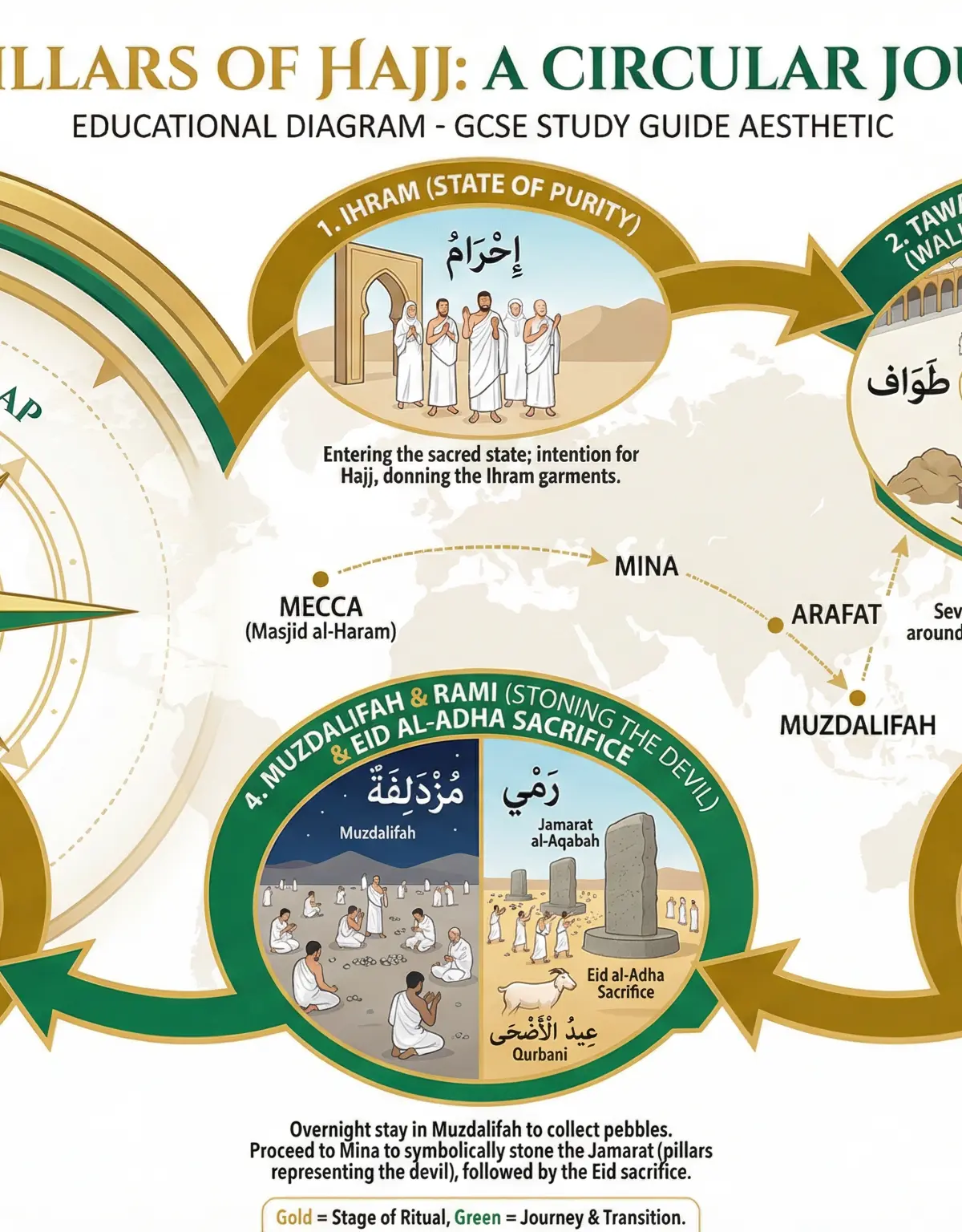 The Five Pillars of Hajj: A Circular Journey Map
