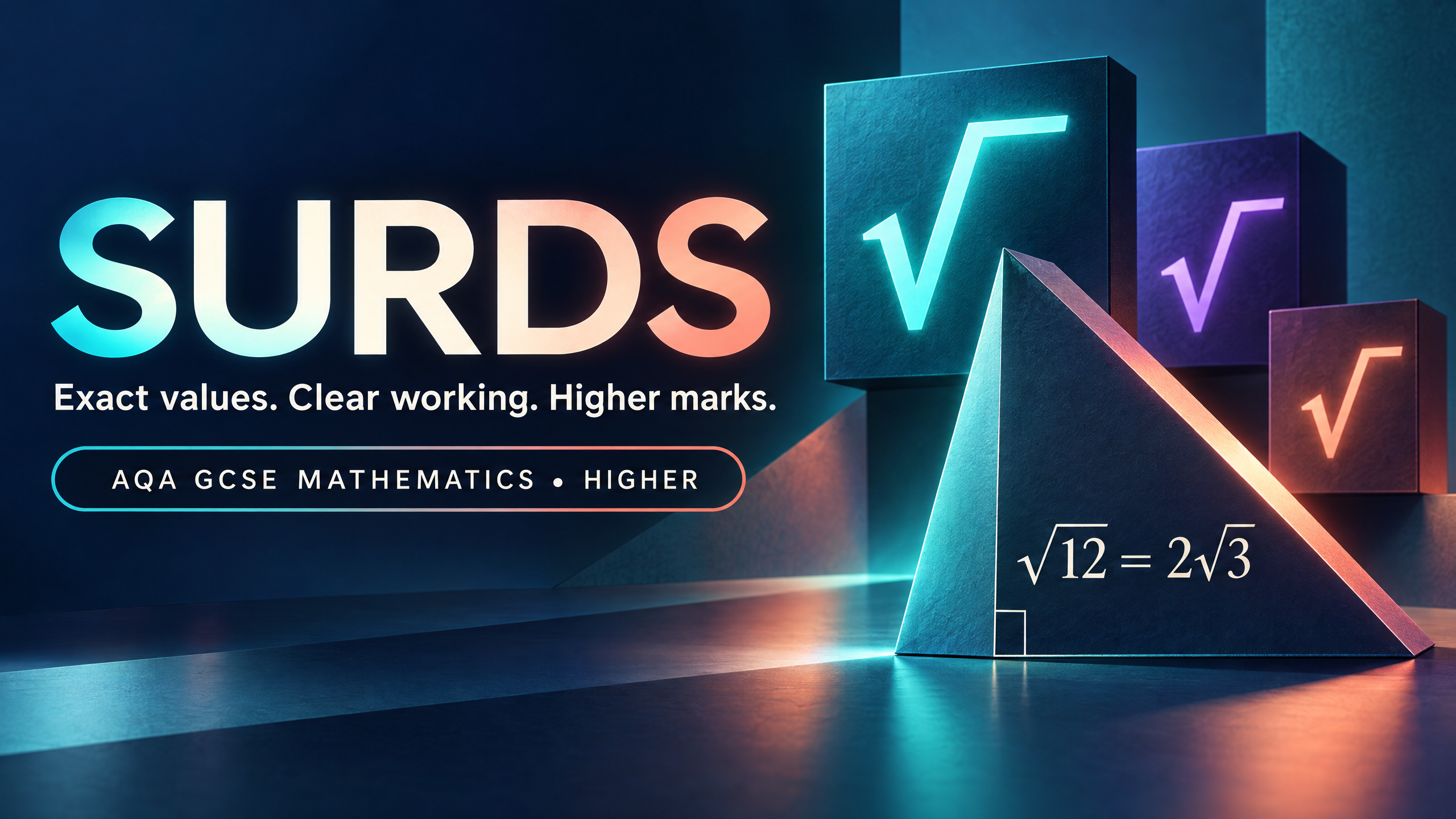 Surds: exact values, clear working, Higher marks.