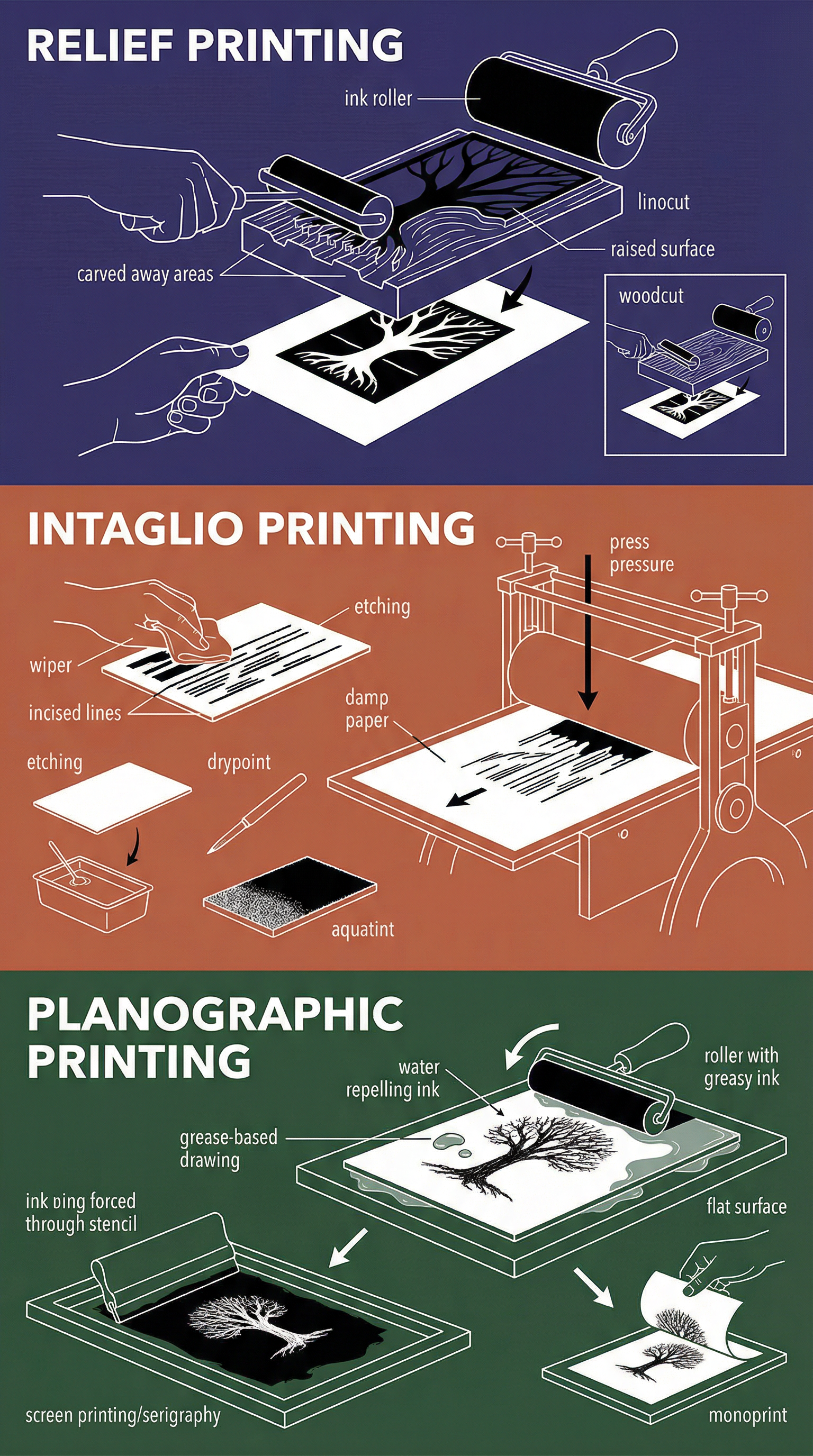 A visual guide to the three main families of printmaking.