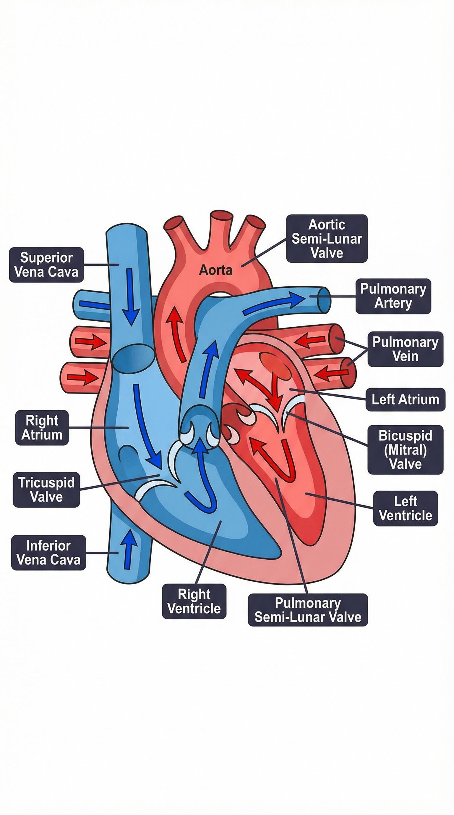 Structure of the heart with labeled chambers, vessels, and valves