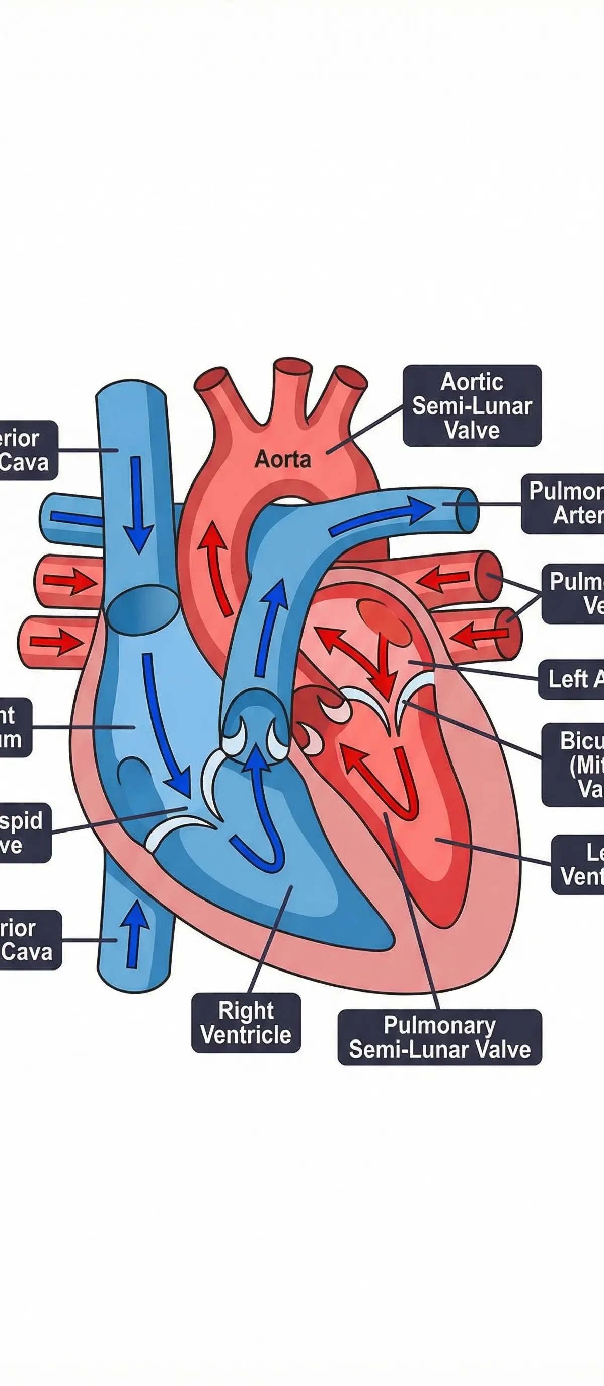 Structure of the heart with labeled chambers, vessels, and valves