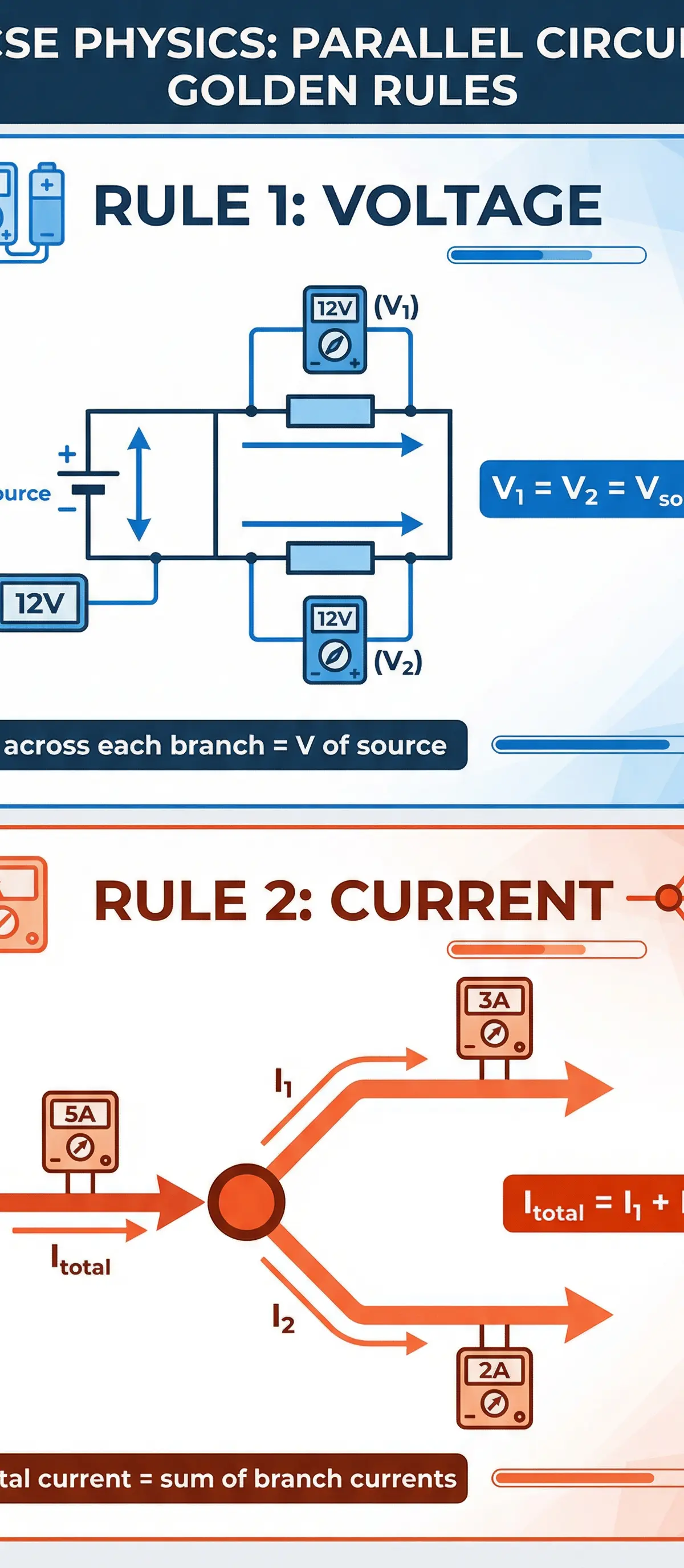 The two golden rules of parallel circuits: voltage is constant, current splits.