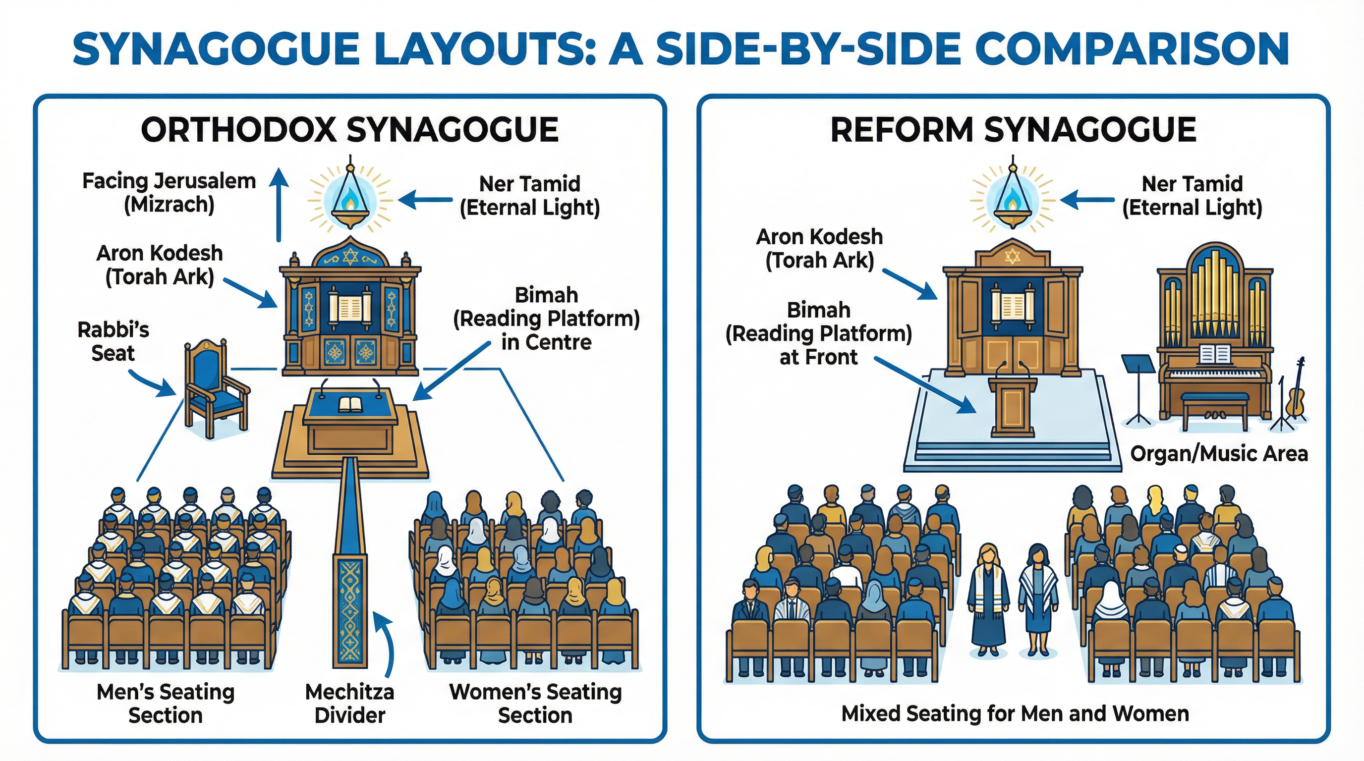Key differences between Orthodox and Reform synagogue layouts.