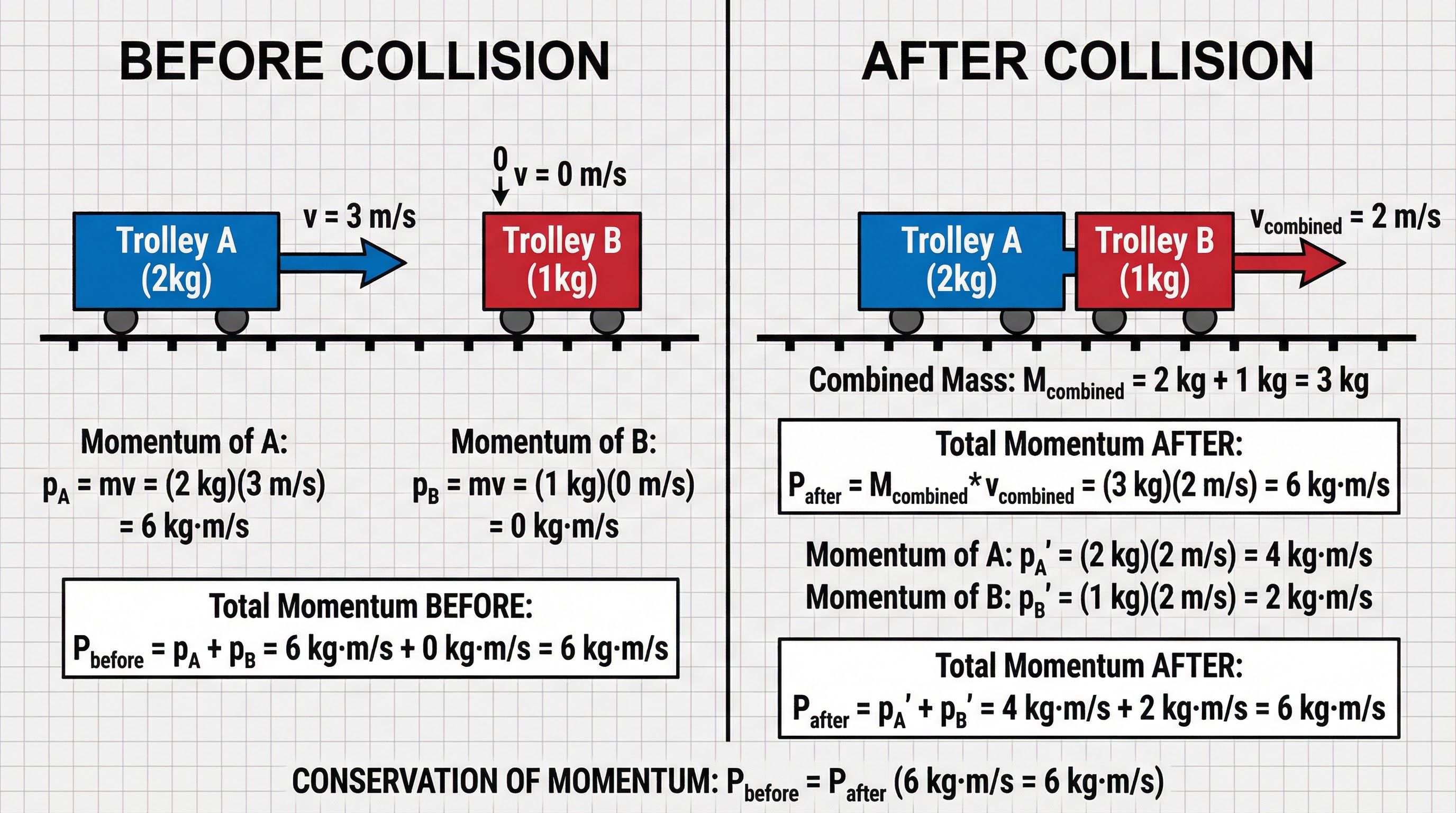 Conservation of momentum in a collision.